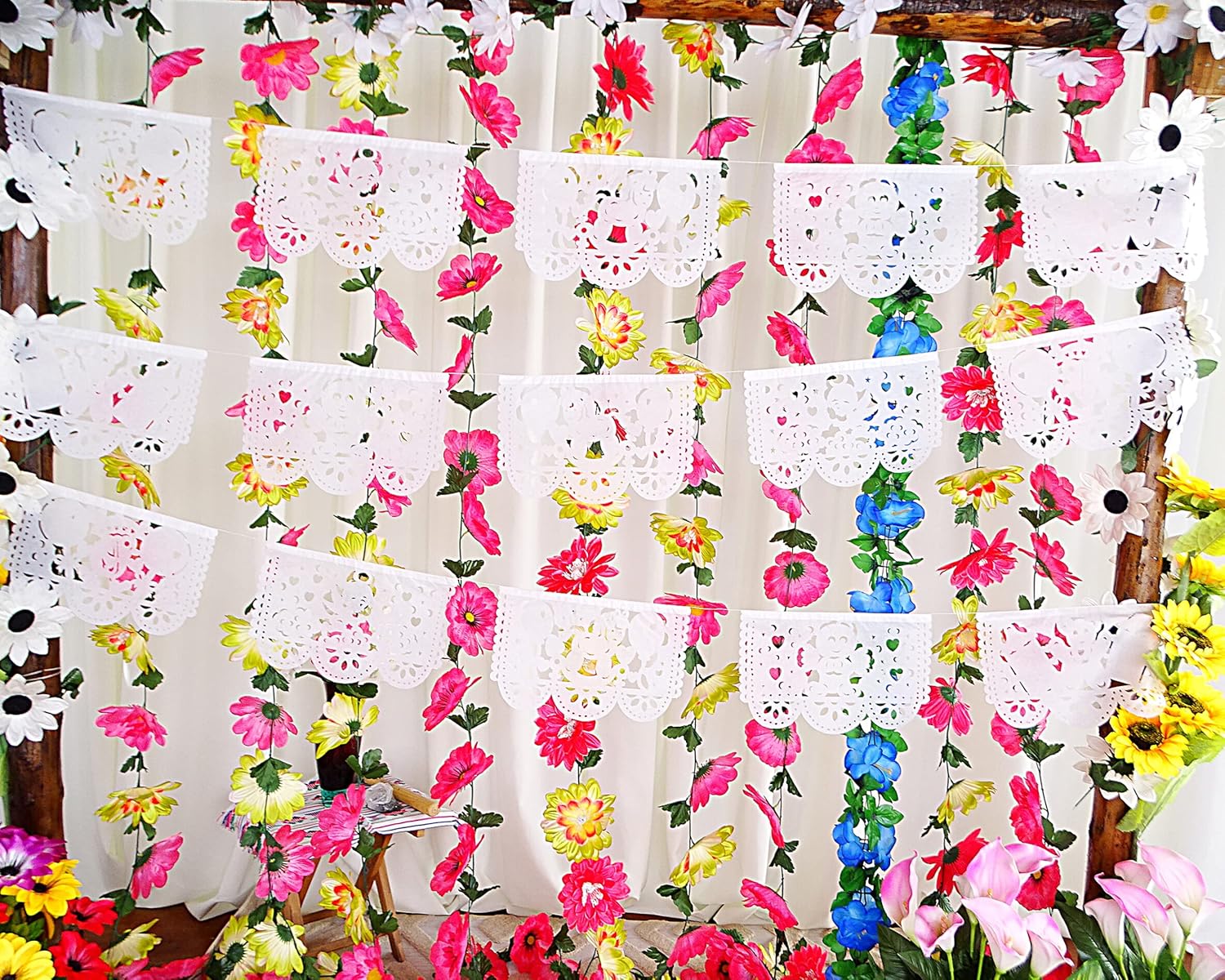 Baby Shower Party Decor for boy or Girl, Over 60 feet of White Papel Picado White Tissue Paper Banner Garlands with Angels, Babies Rocking Horse 50 Panels/Flags 5 Pack