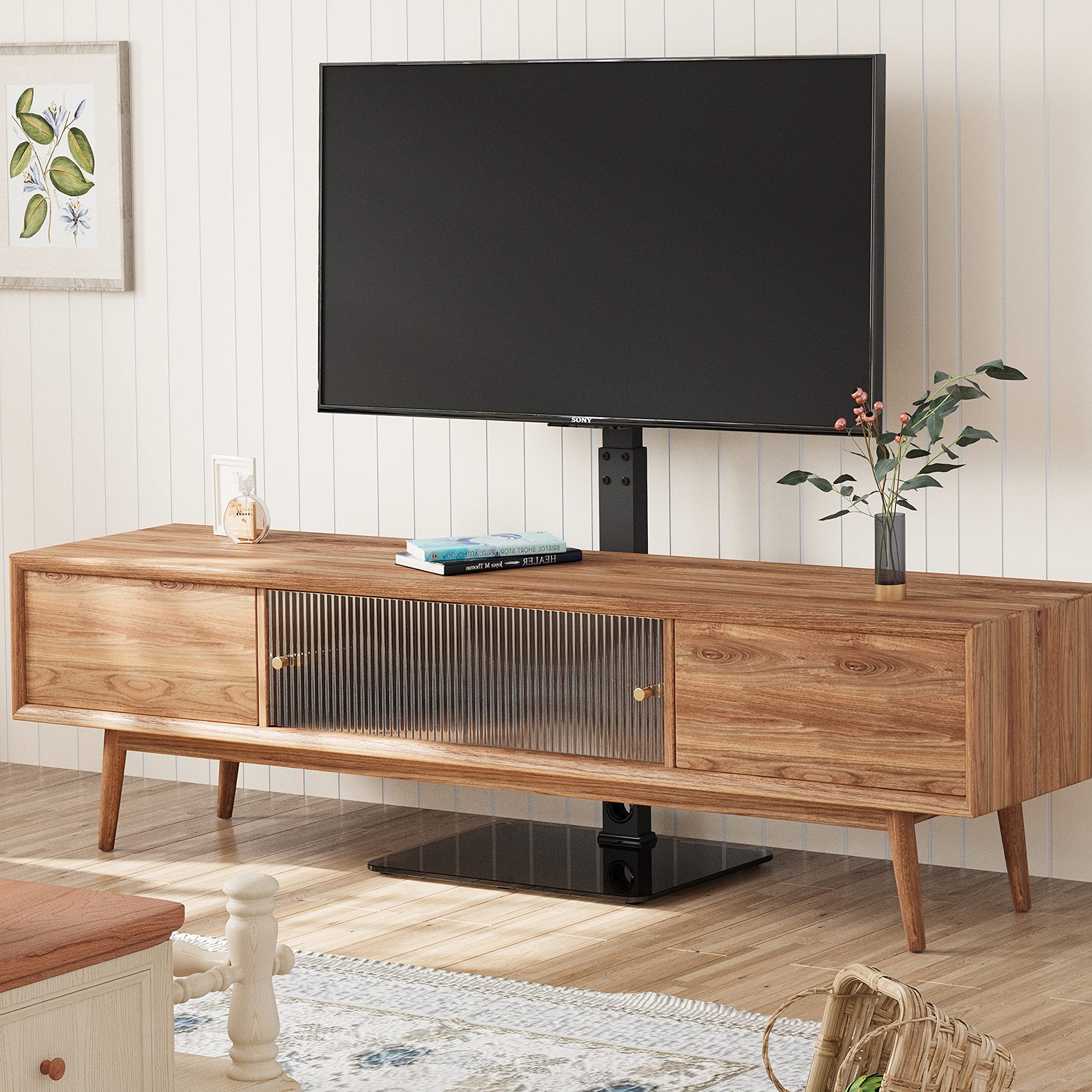 BONTEC Supporto da pavimento per TV da 30-70 pollici a LED LCD OLED al plasma piatto curvo, altezza regolabile alto TV Stand con staffe fino a 40kg, Max VESA 600x400mm.