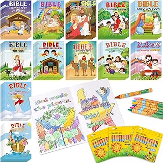 Fulmoon 144 Pcs Bible Coloring Book with Crayons for Kids Christian Coloring Book Children Bible Story Coloring Books for Toddler Ages 3-10 Bible Party Classroom Activity Supplies Sunday School Crafts