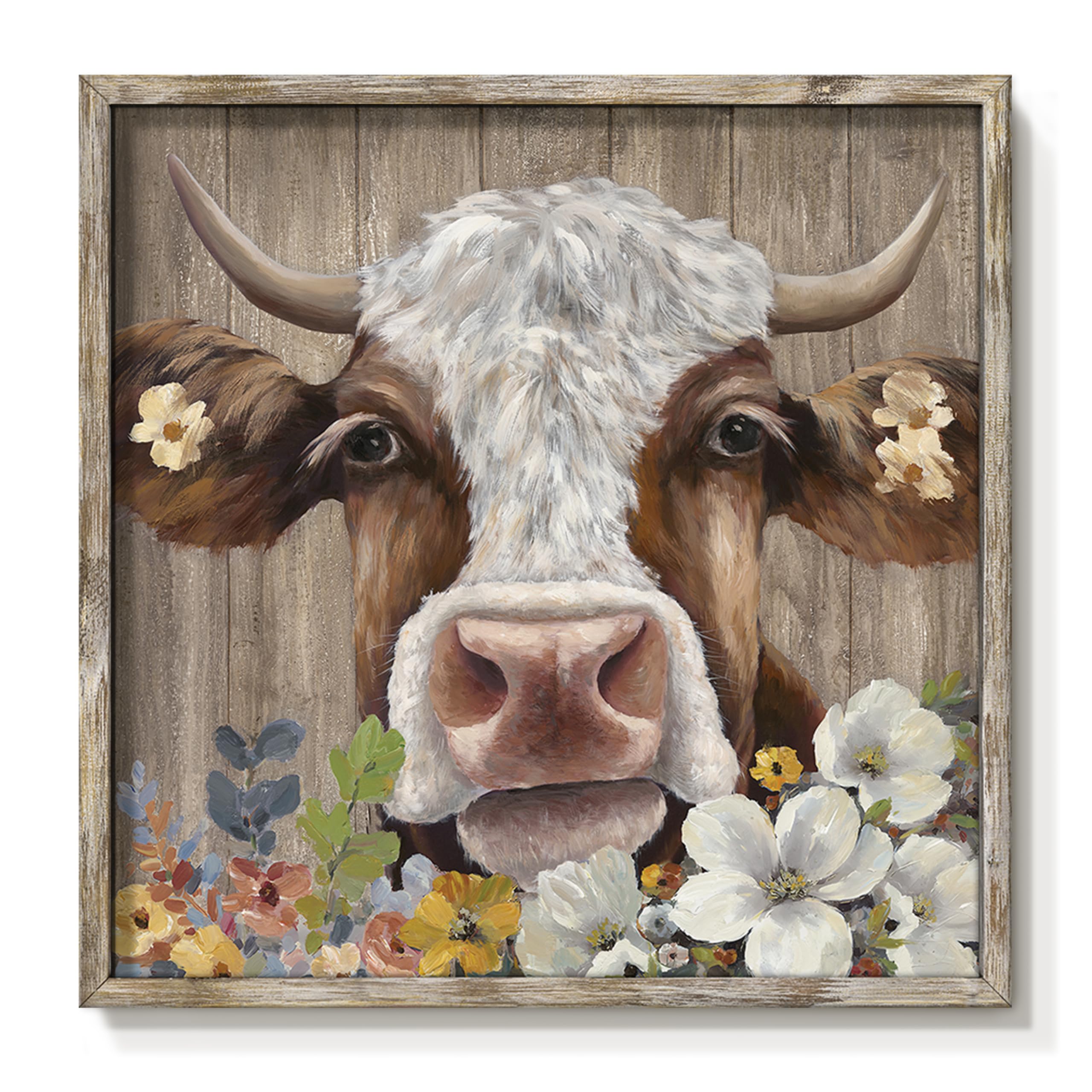 Cattle Wall Art Framed Decor: Country Farmhouse Cute Cow Wooden Painting Rustic Farm Animal Picture Modern Calf with Flowers Artwork for House Bedroom 12" x 12"