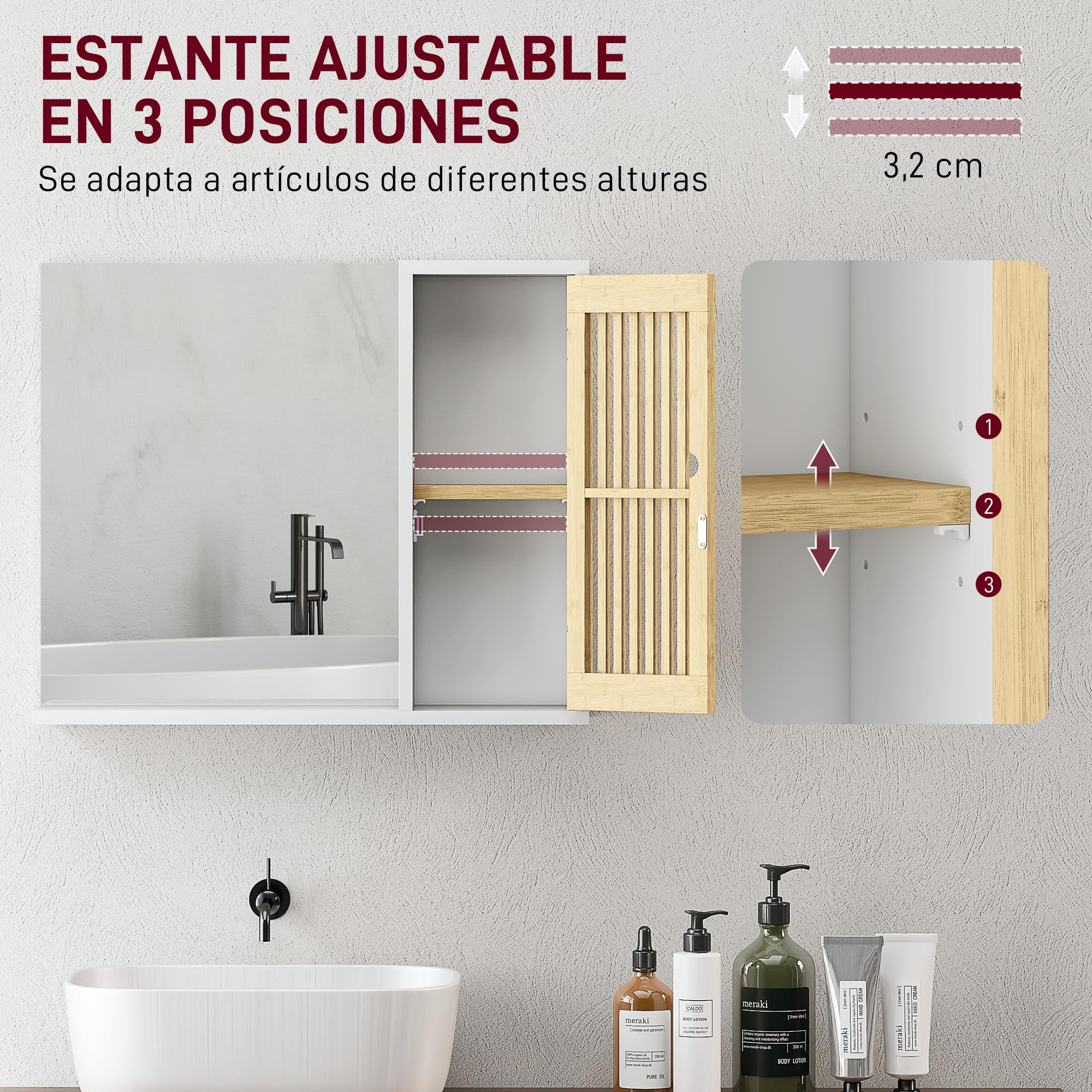 HOMCOM Espejo de Baño 60x50 cm, Espejo de Pared con Puerta de Listones de Bambú, Estantes de Almacenaje, Blanco y Natural