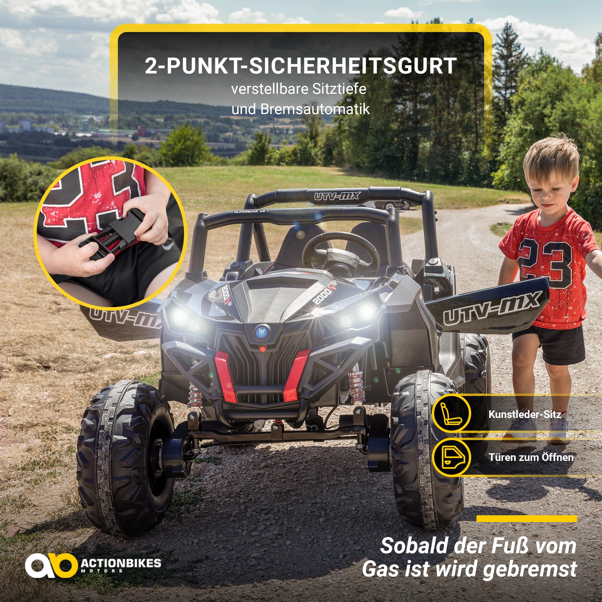 Actionbikes Motors Kinder Elektroauto UTV Buggy | Fernbedienung mit First Funktion - 4x4 Allrad Antrieb - Kinderauto elektrisch - Elektrofahrzeuge - Elektro Auto für Kinder ab 3 Jahre (Schwarz/Weiß)