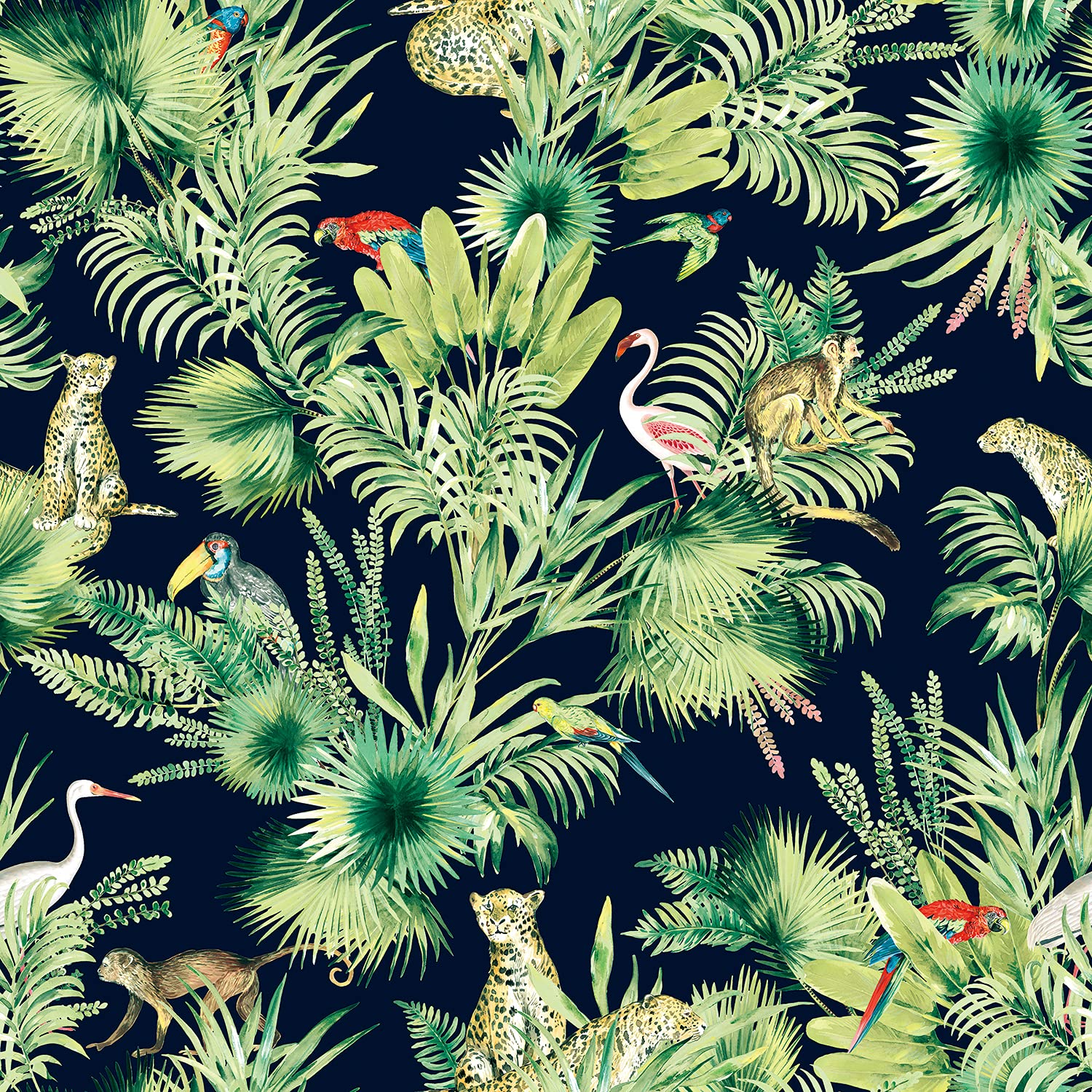 Velvet Upholstery Fabric Curtain Plush Tropical Botanical Paradise Rainforest (Amazon - CVL005 - Navy, Per Half Metre)