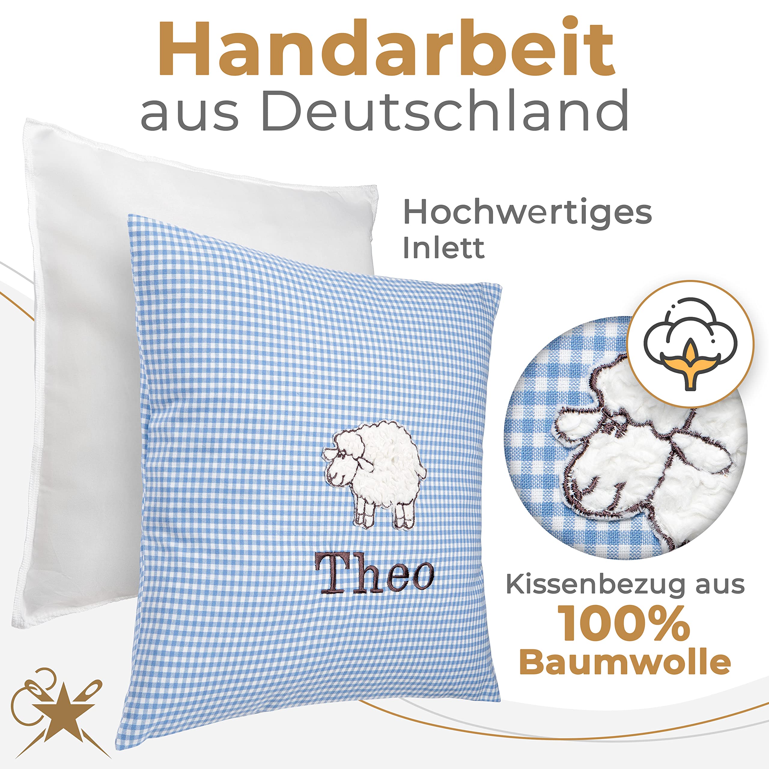 FADENZAUBER Babykissen personalisierbar mit Namen 40x40 cm für Jungs/Mädels | inkl. Glückwunschkarte, Handmade aus Deutschland