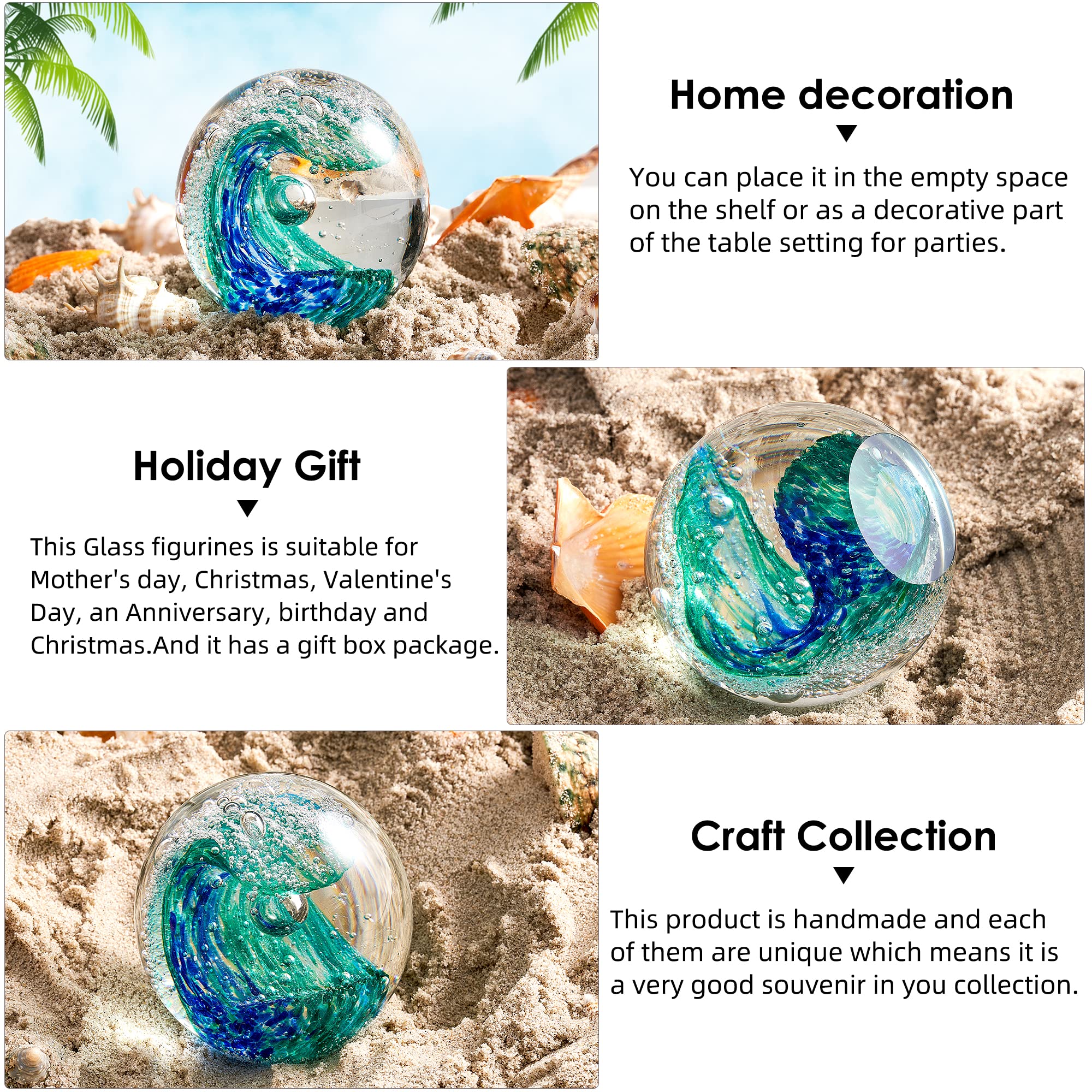 EUSTUMA Figura de cristal soplado a mano con ondas oceánicas, bola de cristal pisapapeles, decoración para el hogar y la oficina para los amantes del acuario