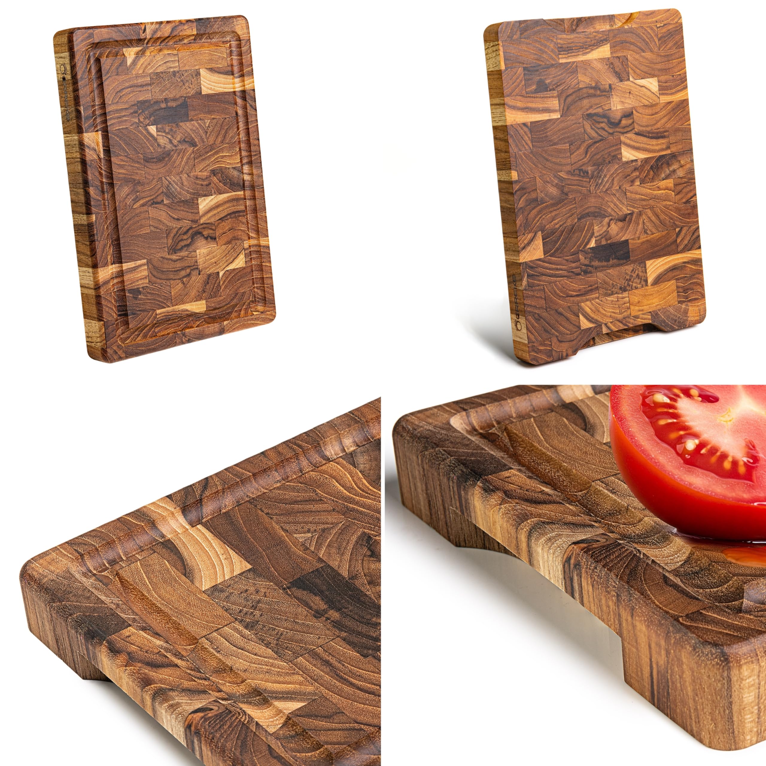 Erreke Deska do Krojenia Kuchnia z Naturalnego Drewna Tekowego, 30x20,5x3,2 cm, End Grain z Rowkiem na Soki, Dwustronna i z Uchwytami, Kompaktowa, Drewniana Deska Kuchnia