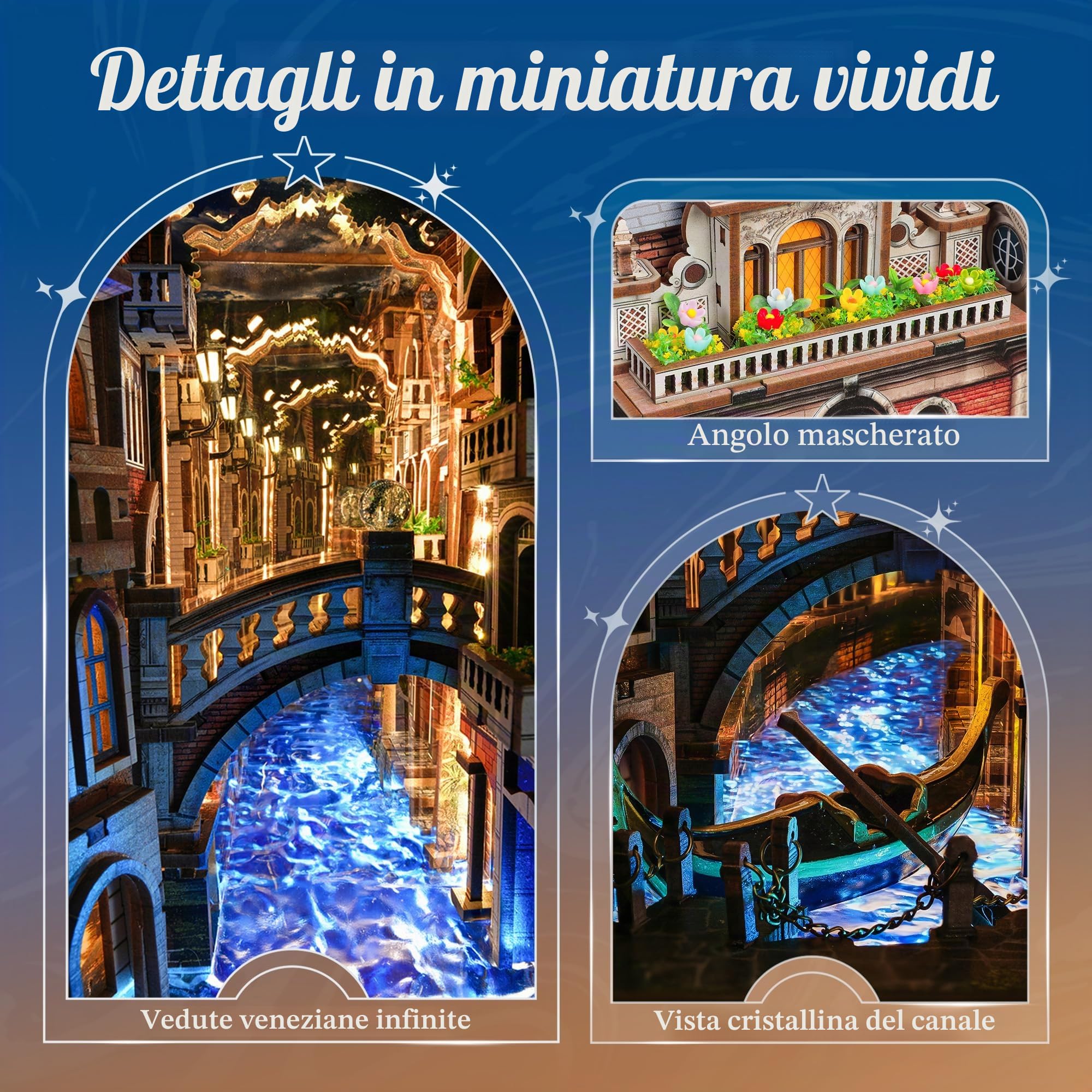 FUNPOLA Venice Night Starlit Book Nook Kit – Puzzle 3D in legno con specchio infinito LED – Decorazione fai-da-te per libreria, miniatura creativa per bambini e adulti (Notte di Venezia stellata)