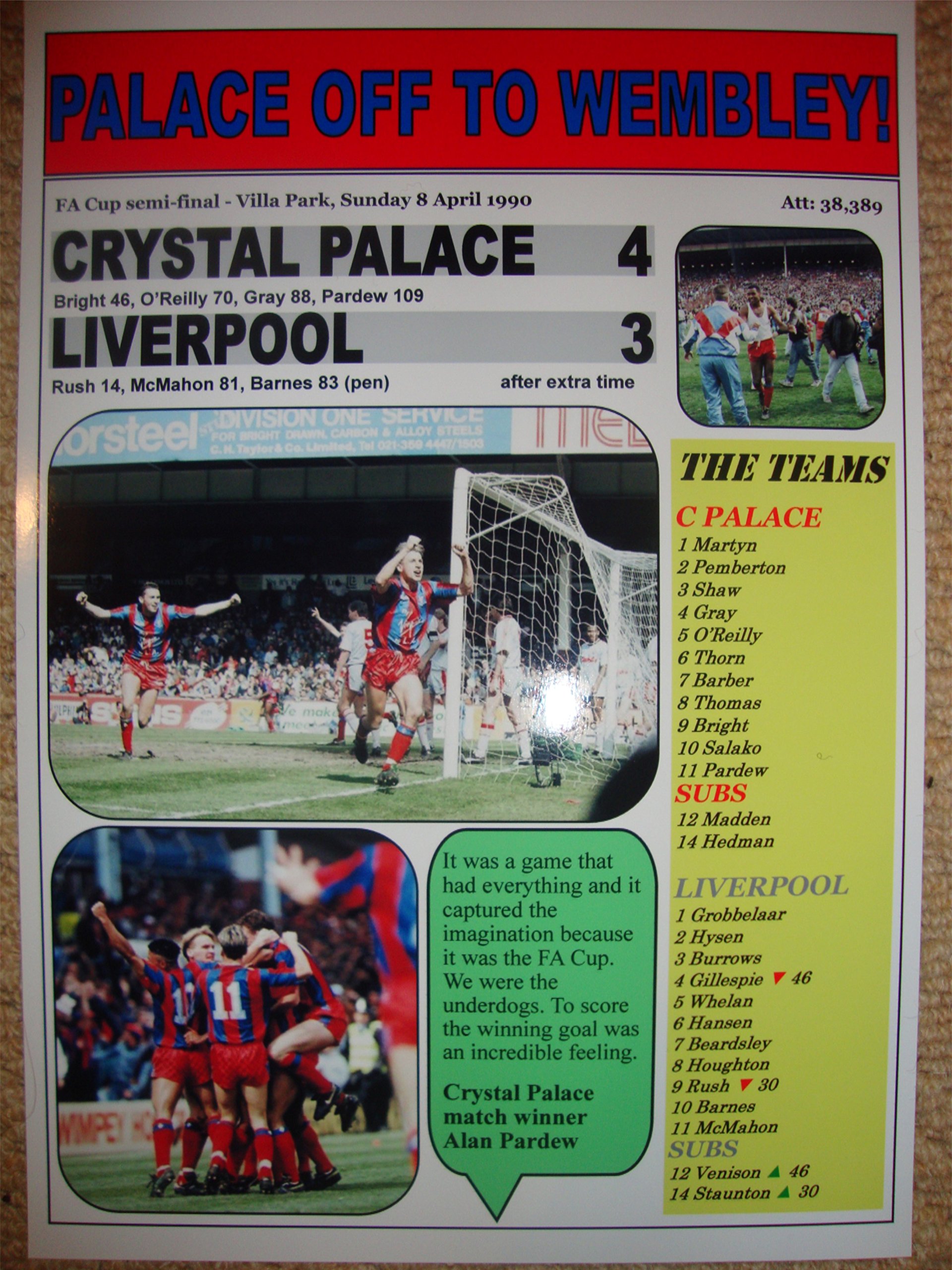 Lilywhite Multimedia Crystal Palace 4 Liverpool 3-1990 FA Cup semi-final - souvenir print