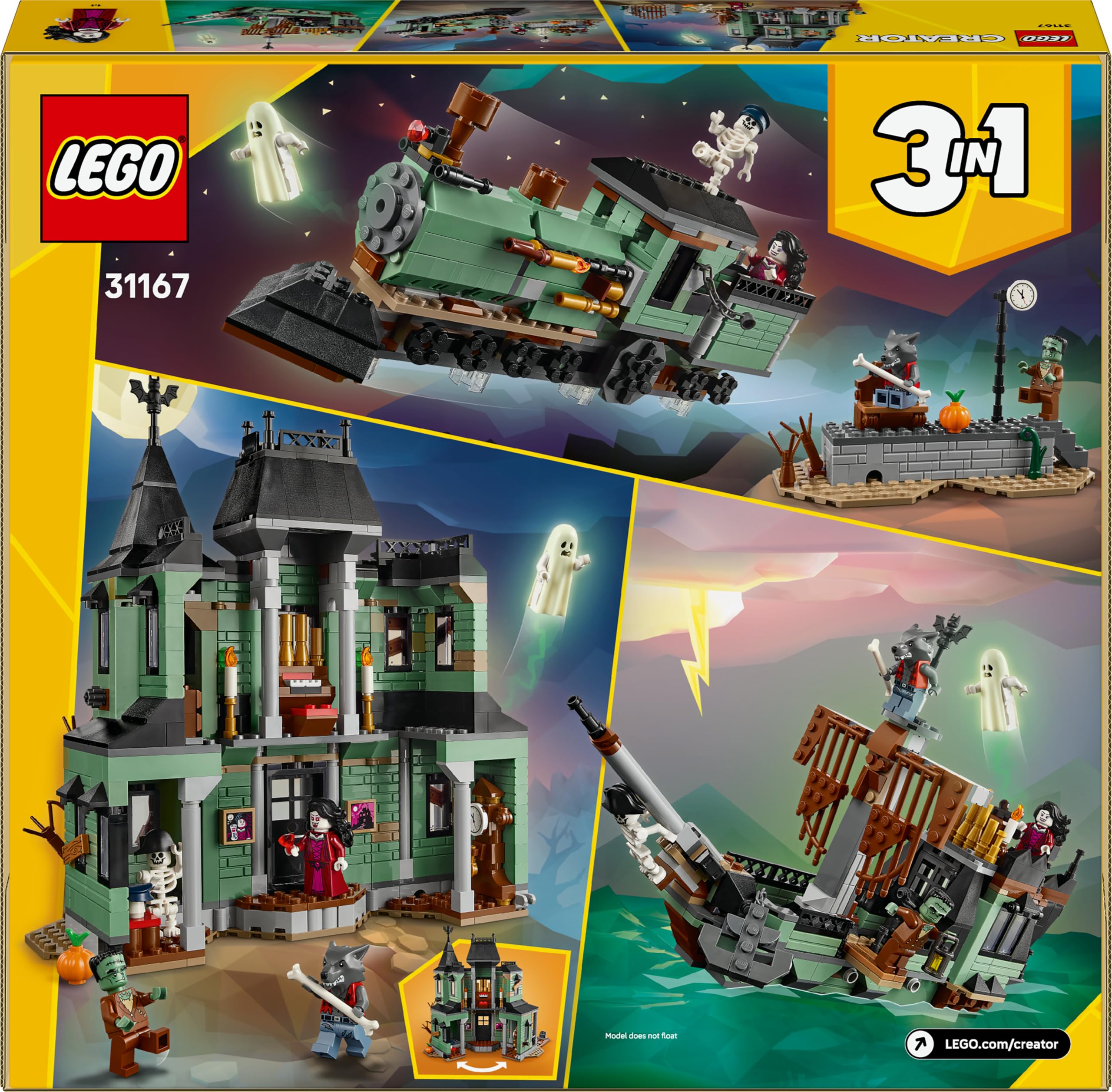 LEGO Creator 3 en 1 Mansión Encantada - Casa de Juguete Interactiva Transformable en Barco Fantasma o Tren - 5 Minifiguras Inc. Frankestein y Hombre Lobo - Regalo para Niños y Niñas de 9+ Años 31167