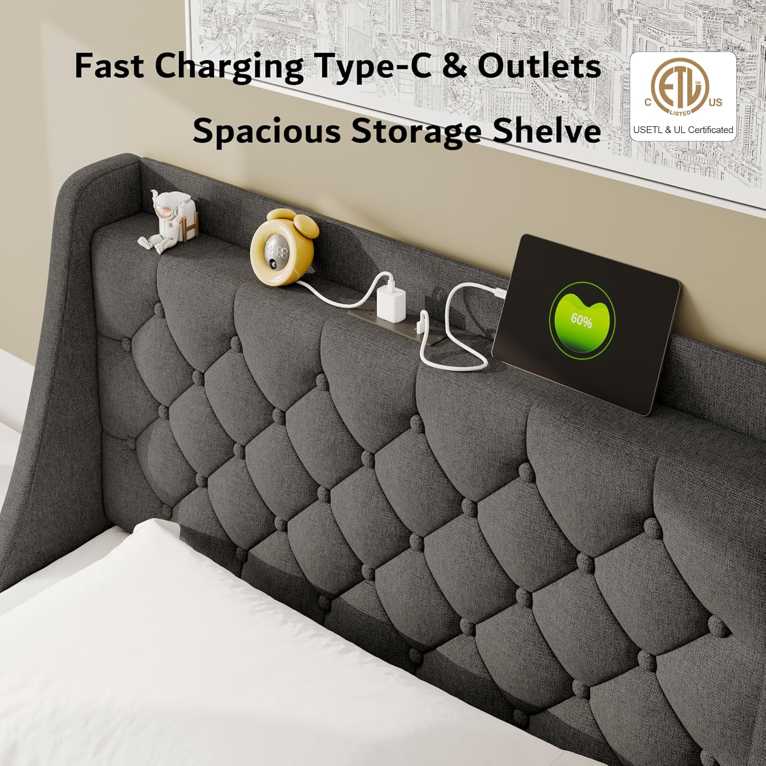 Close-up of the headboard showing the built-in fast charging Type-C and USB ports and outlets.