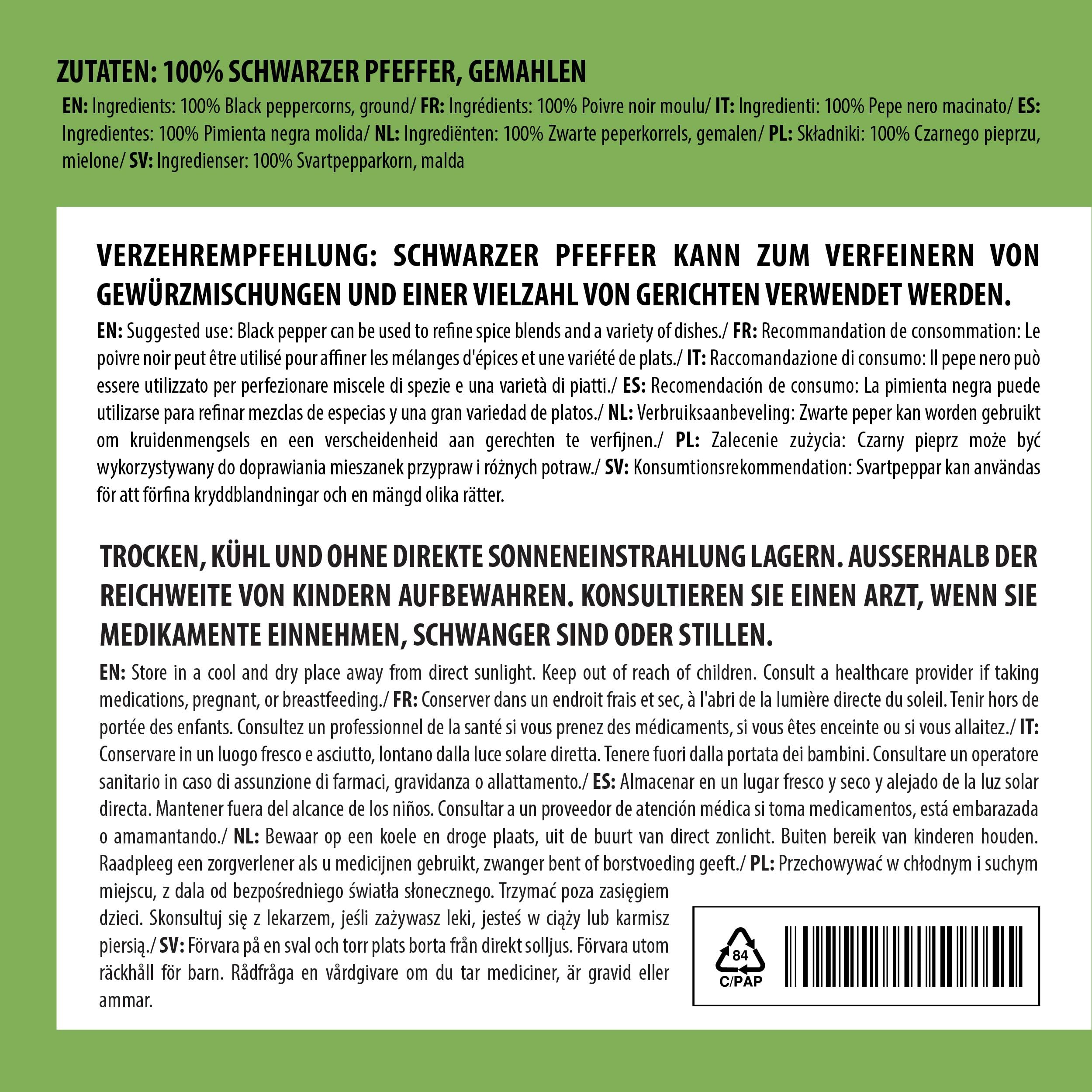 Alpi Nature Pepe Nero Macinato 1kg, Grani di Pepe Nero Macinati per Cucina e Miscele di Spezie