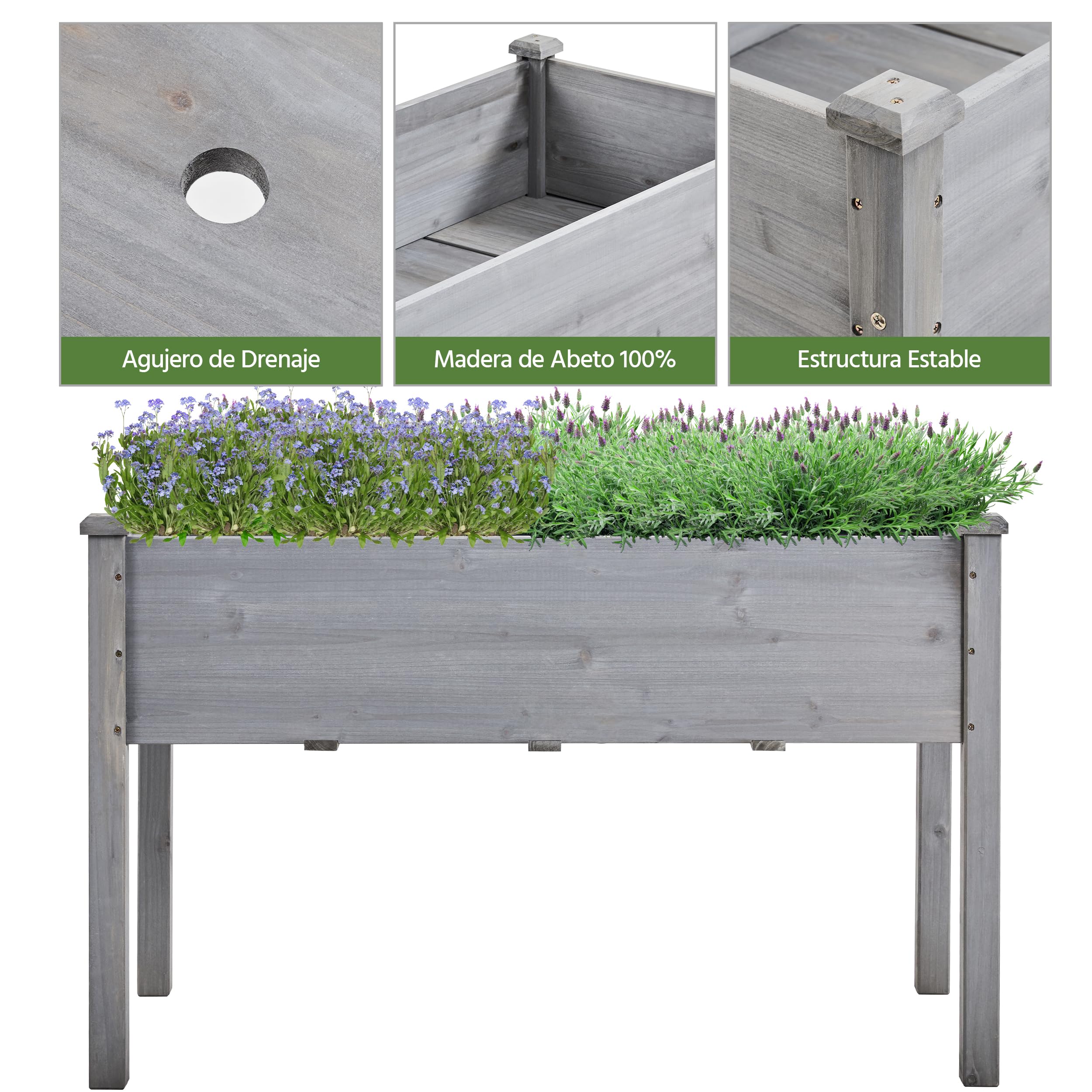 Yaheetech Jardinera Elevado de Madera Huerto Urbano Terraza Mesa de Cultivo para Cultivo Flores Verduras Hierbas 120.5x59x76.5 cm Gris