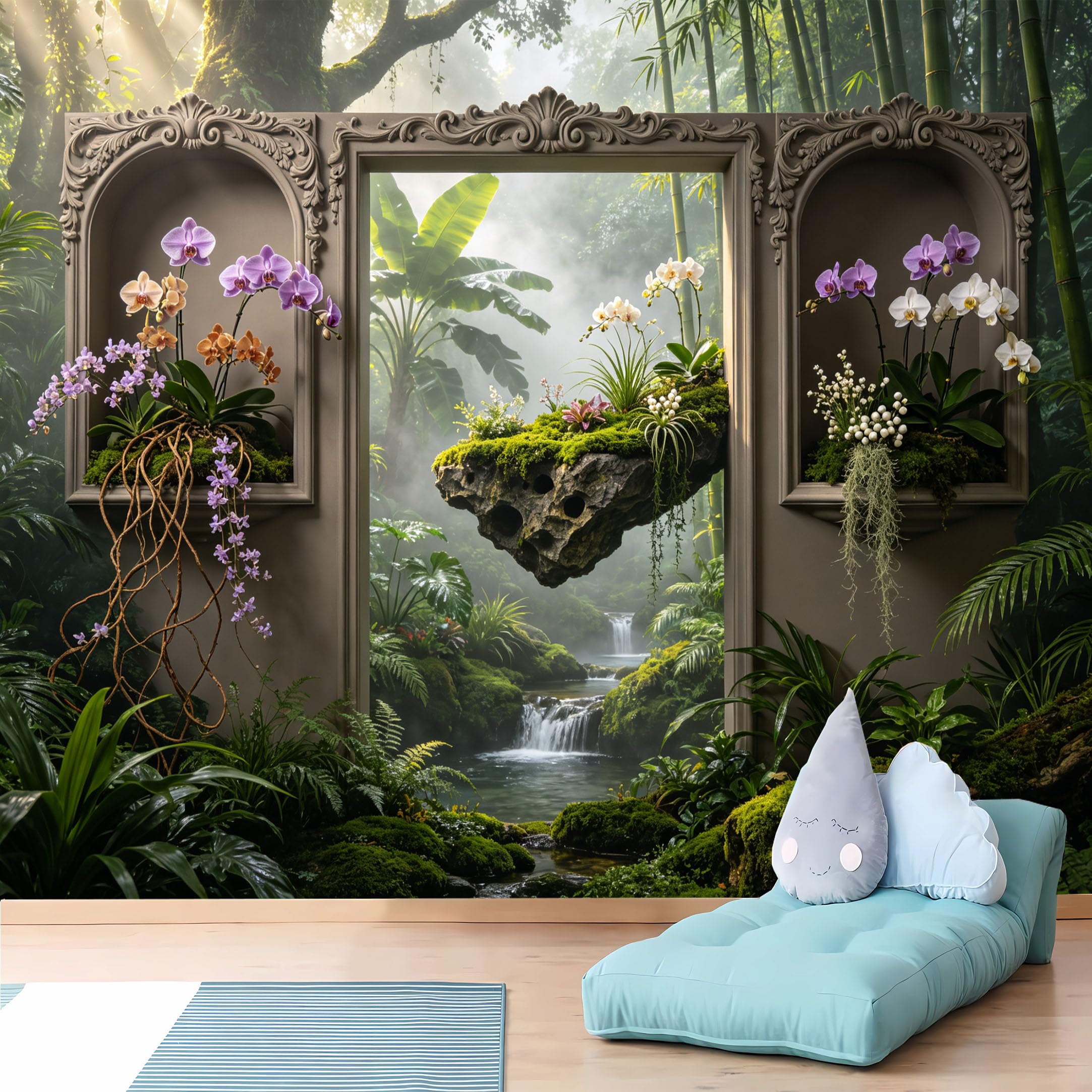 Custom Size Wall Murals 3D Ornate Niche with Floating Rock and Orchid Forest HD Self-Adhesive Wall Fabric (NO PVC) Removable Wallpaper for Living Room Bedroom