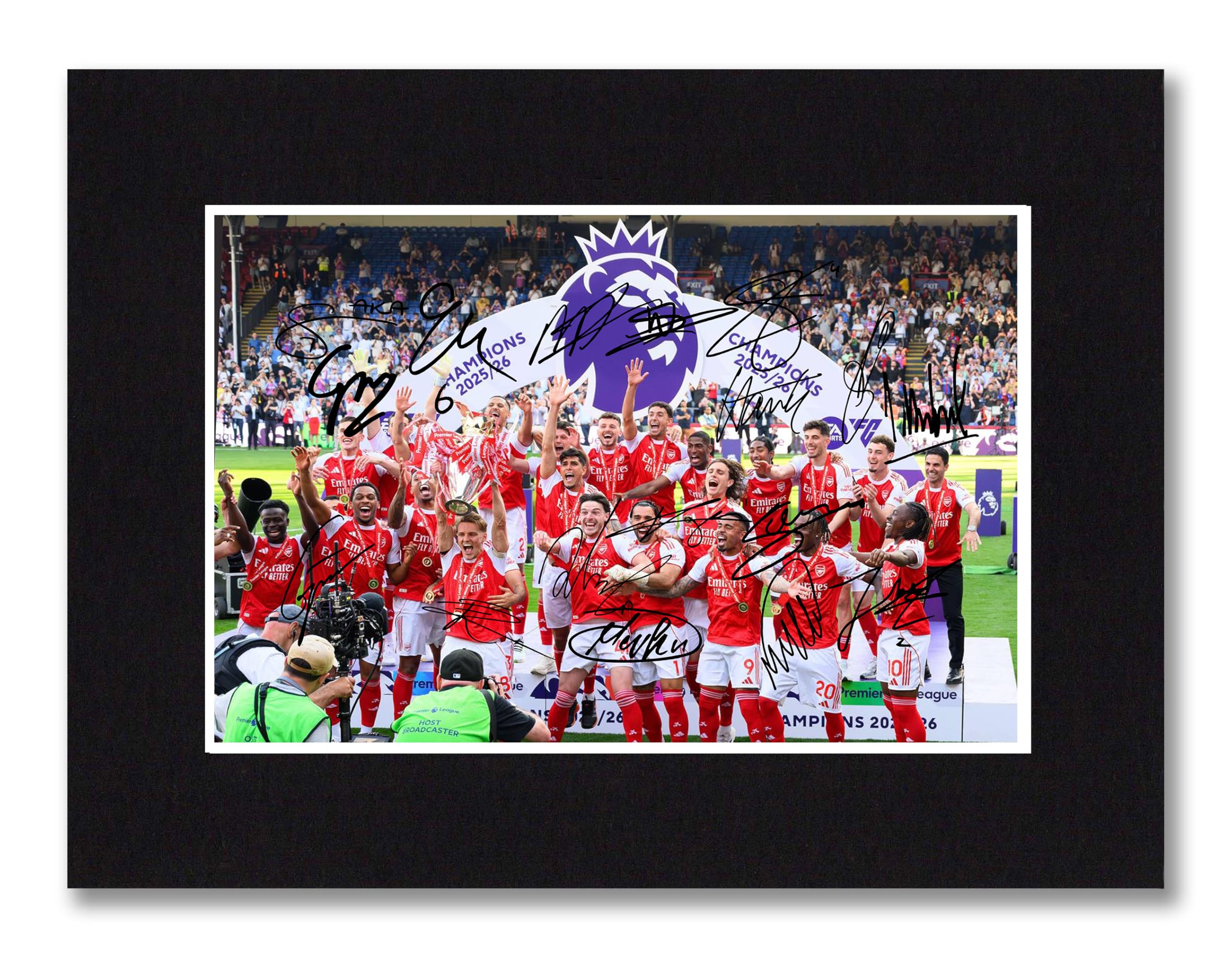 Arsenal - 2026 Premier League Champions Multi Signed 8x6 Inch Mounted Photo Print With Pre Printed Signature That Would Make A Great Gift For Any Fan & Is Ready To Be Framed.