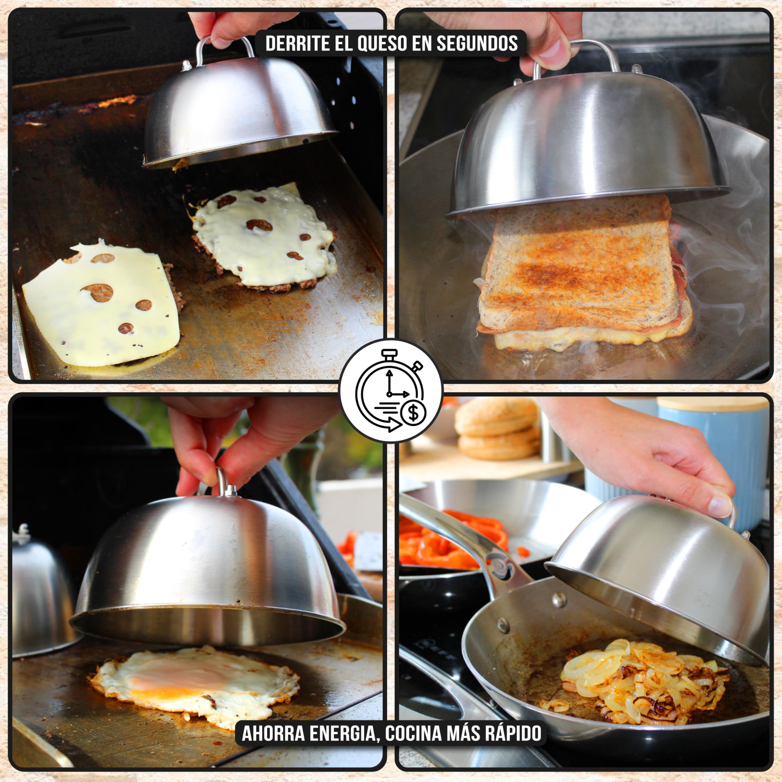 Kit Smash Burger – Incluye Smasher o Aplastador de Hamburguesa, Espátula para Plancha y Campana para Barbacoa - Fabricado Acero INOX. 304 Certif. Contanto Alimentos, Garantía 10 Años