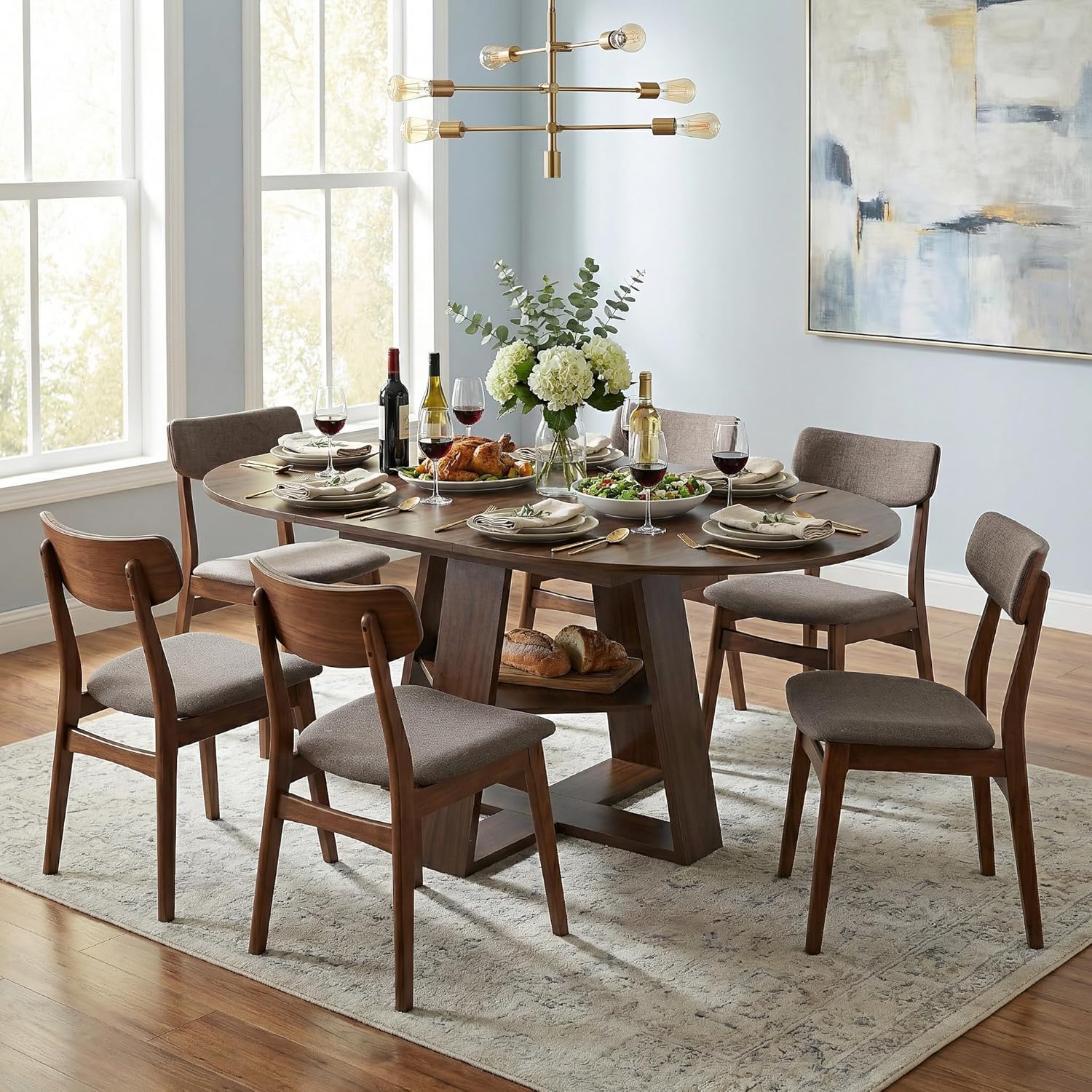 Henf 43.3"-59" Round Extendable Dining Table for 4-8 Person,Farmhouse Oval Expandable Kitchen Table Set with Storage Removable Leaves, Space Saving Transformer Dining Room Table for Apartment,Walnut