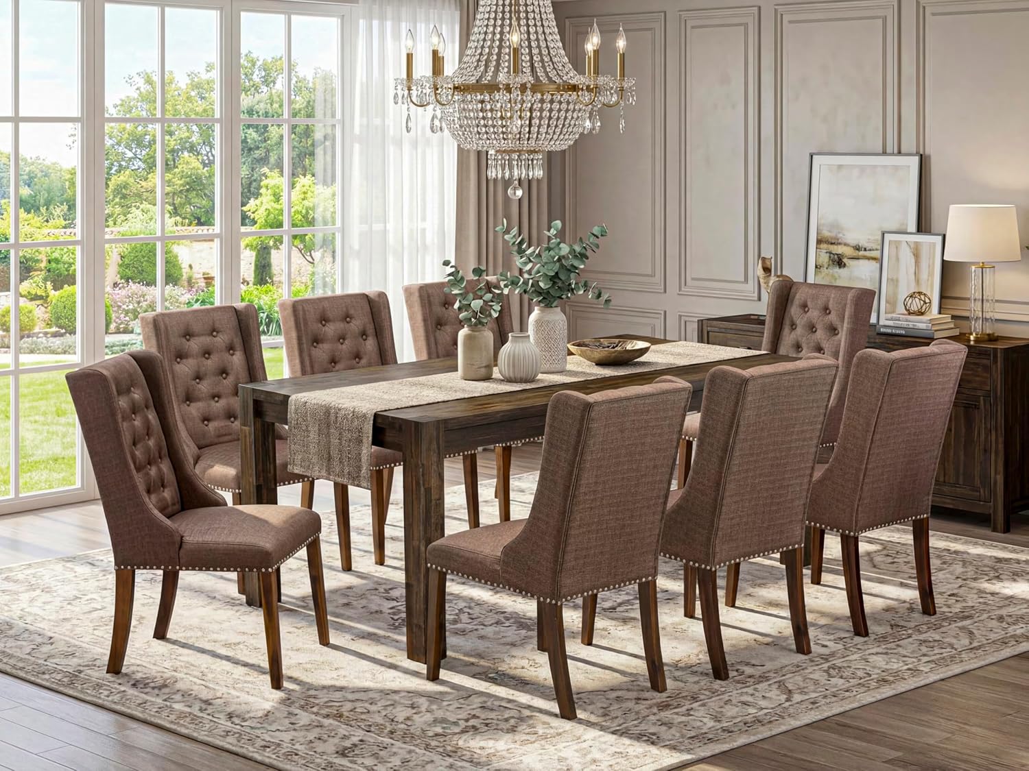 East West Furniture LMFO9-N8-18 9 Piece Dining Table Set Includes a Rectangle Rustic Wood Kitchen Table and 8 Brown Linen Linen Fabric Upholstered Parson Chairs, 40x72 Inch, Walnut
