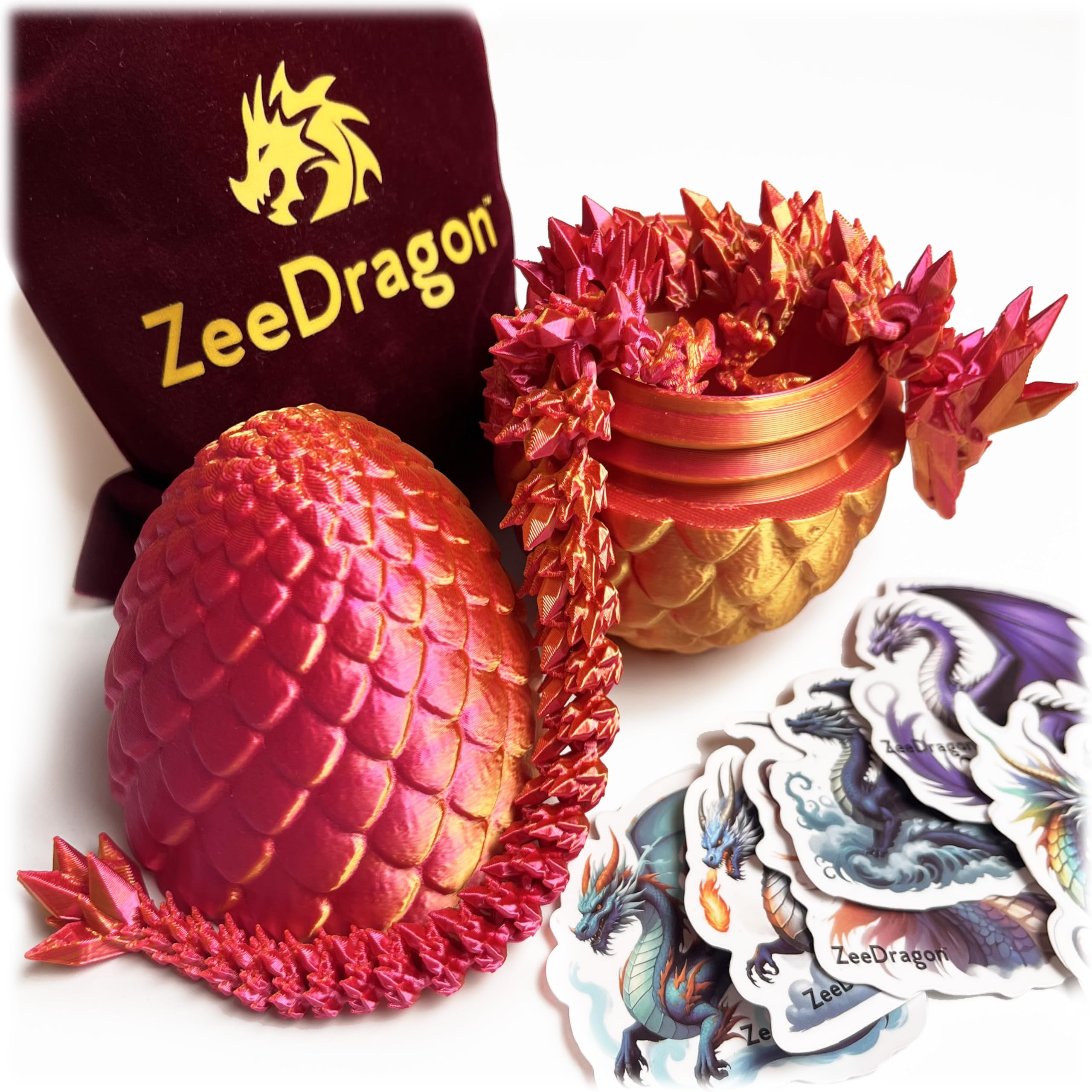 3D Printed Dragon in Crystal Egg, 9pc, Velvet Pouch, Dragon Art Stickers, Articulated, Flexible Joints, Twist Open Egg, Home Office Desk Fidget Toy, Kids, Adults & Autism/ADHD ZeeDragon Laser Red