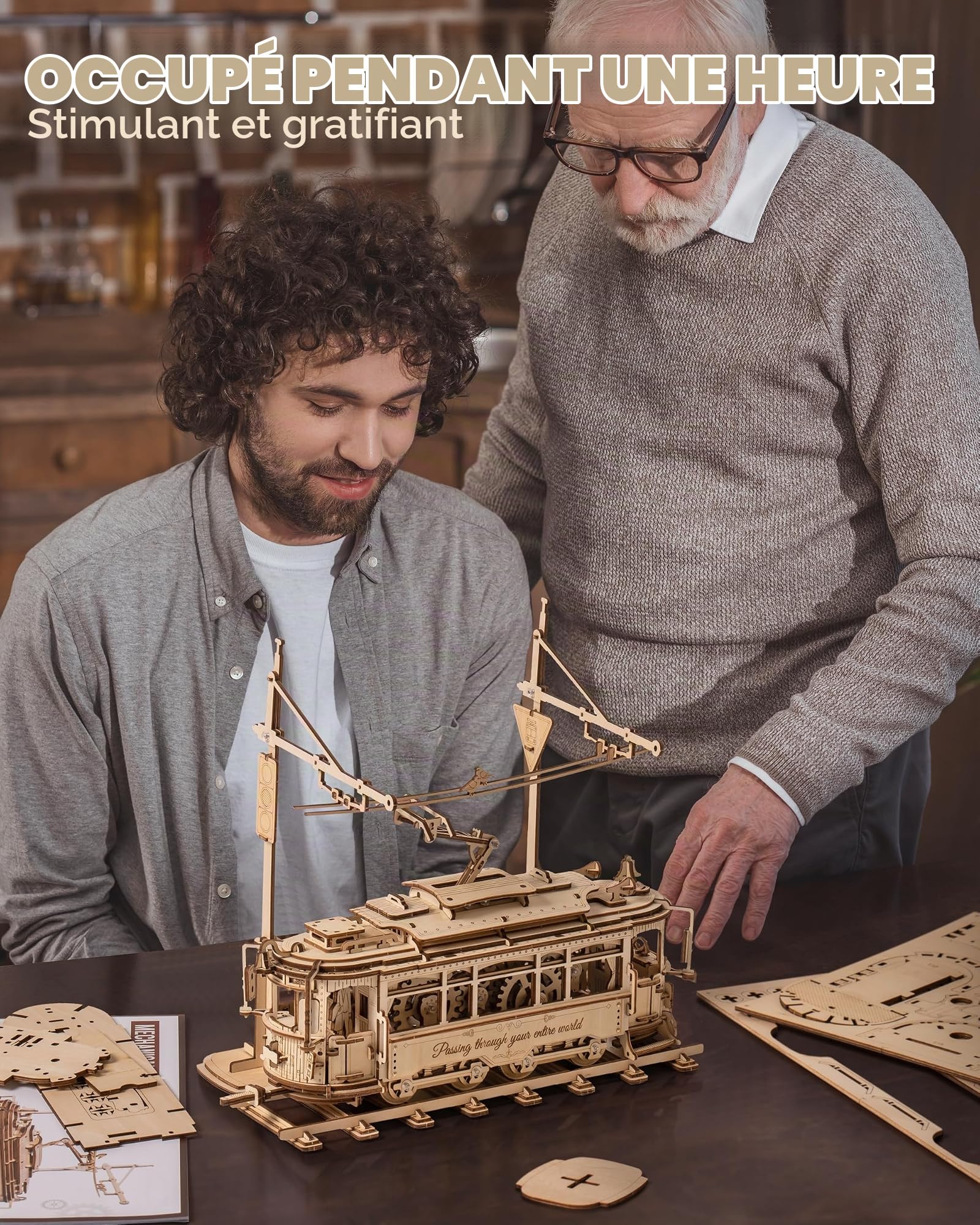 ROBOTIME Puzzle 3D en Bois pour Adultes - Tramway Classique de la Ville, Kit de Maquette d'engrenage de Construction, Décoration Exquise Cadeaux