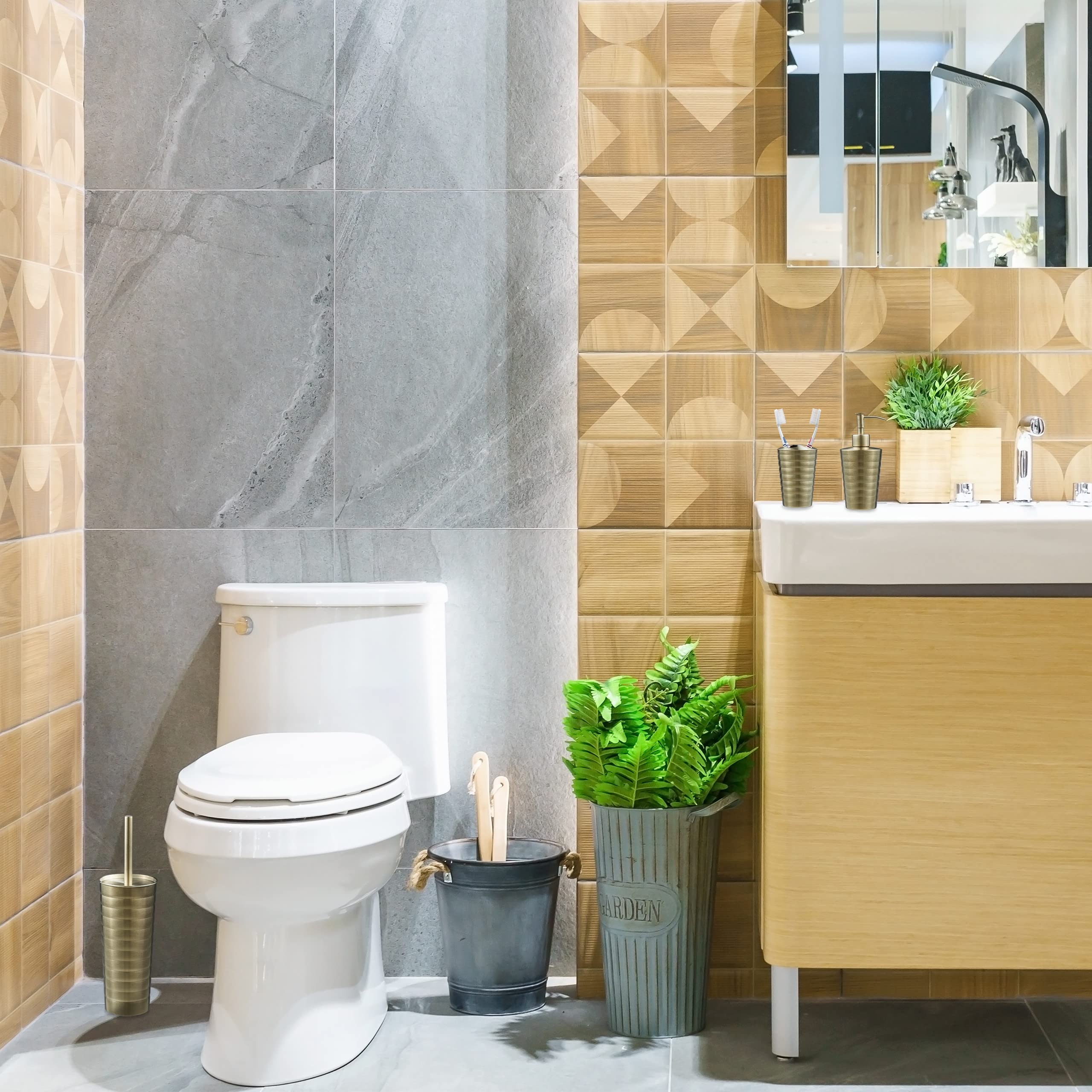 Relaxdays Accessoires de Salle de Bain, 5 pièces, en INOX brossé et Plastique, Design Moderne et harmonieux, doré