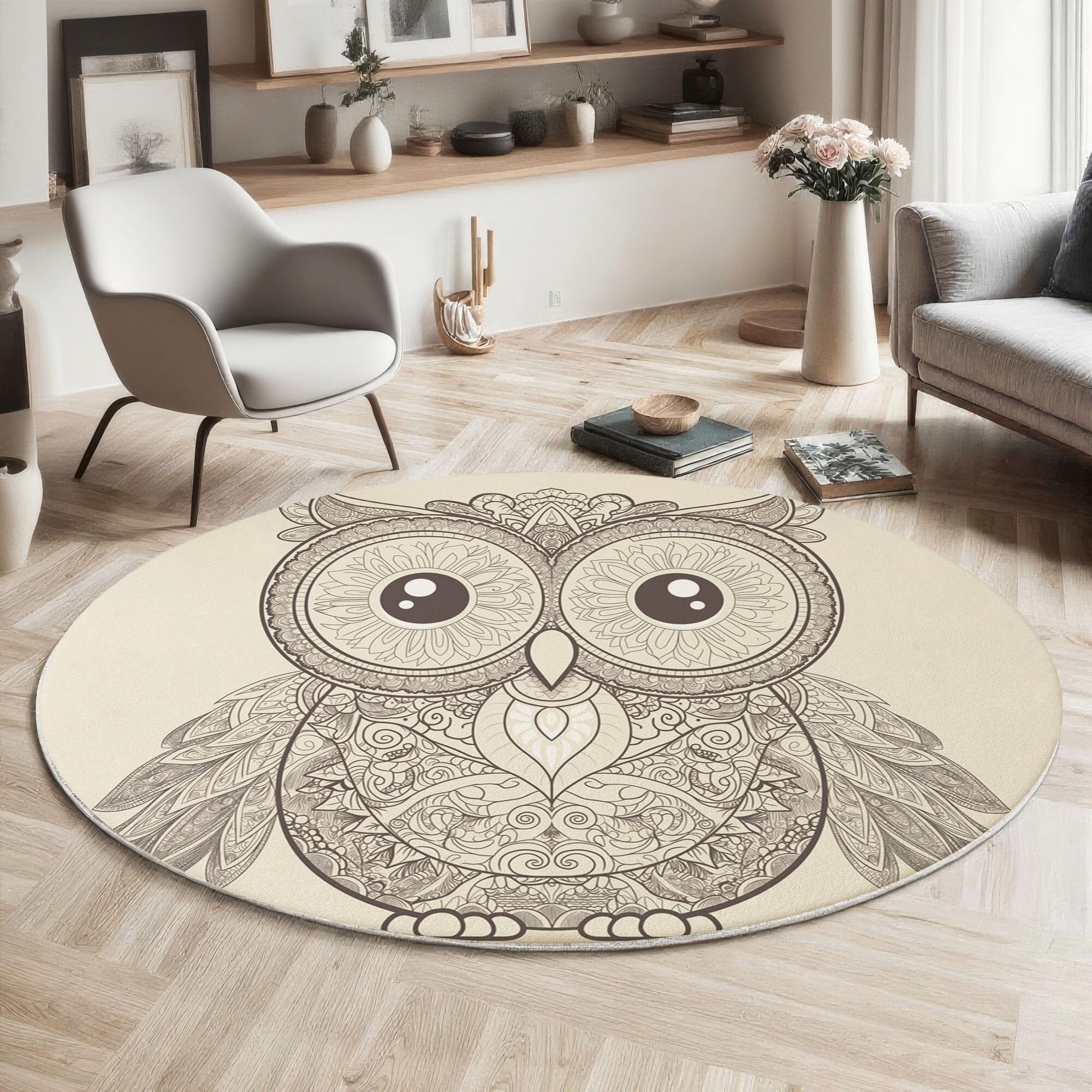 Gufo Animale Tapis Rond Antidérapant, Mandala Tapis Ronde De Salon Doux Antidérapant pour Décoration Salle à Manger Chambre Canapé (160cm, Grigio)