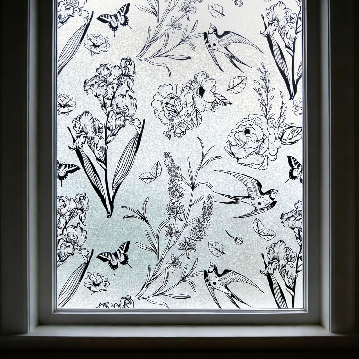 Black White Floral Bird Static Cling Privacy Window Film, Frosted Decorative Glass Sticker, No Glue Removable UV Protection with Tool Kit for Bathroom Bedroom Door Glass 23.6" x 78.7"