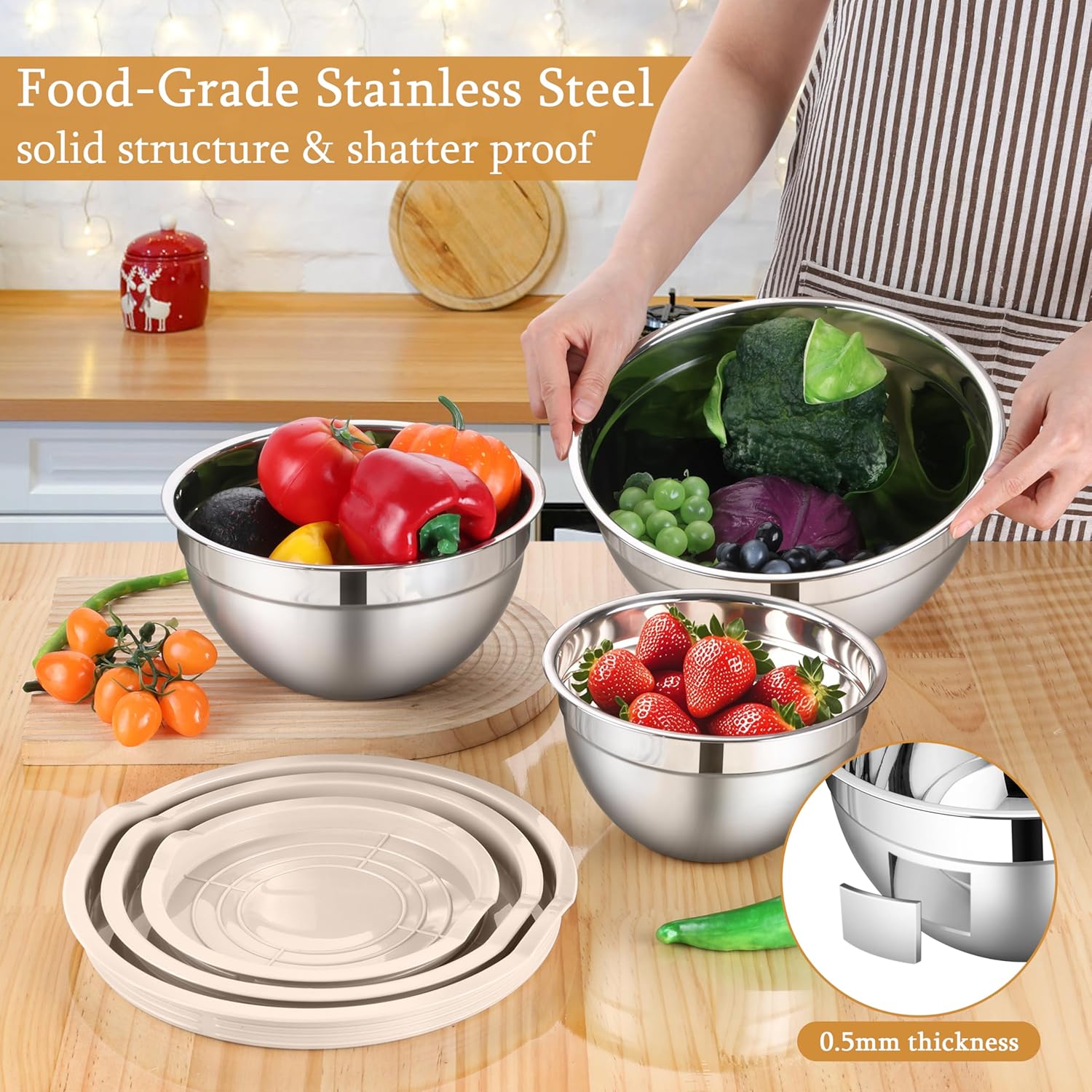 LIANYU Mixing Bowls with Airtight Lids Sets, 3 Packs Stainless Steel Metal Mixing Bowls, Ideal for Prepping, Cooking, Storage, Serving, Freezer & Dishwasher Safe, Khaki - Image 3