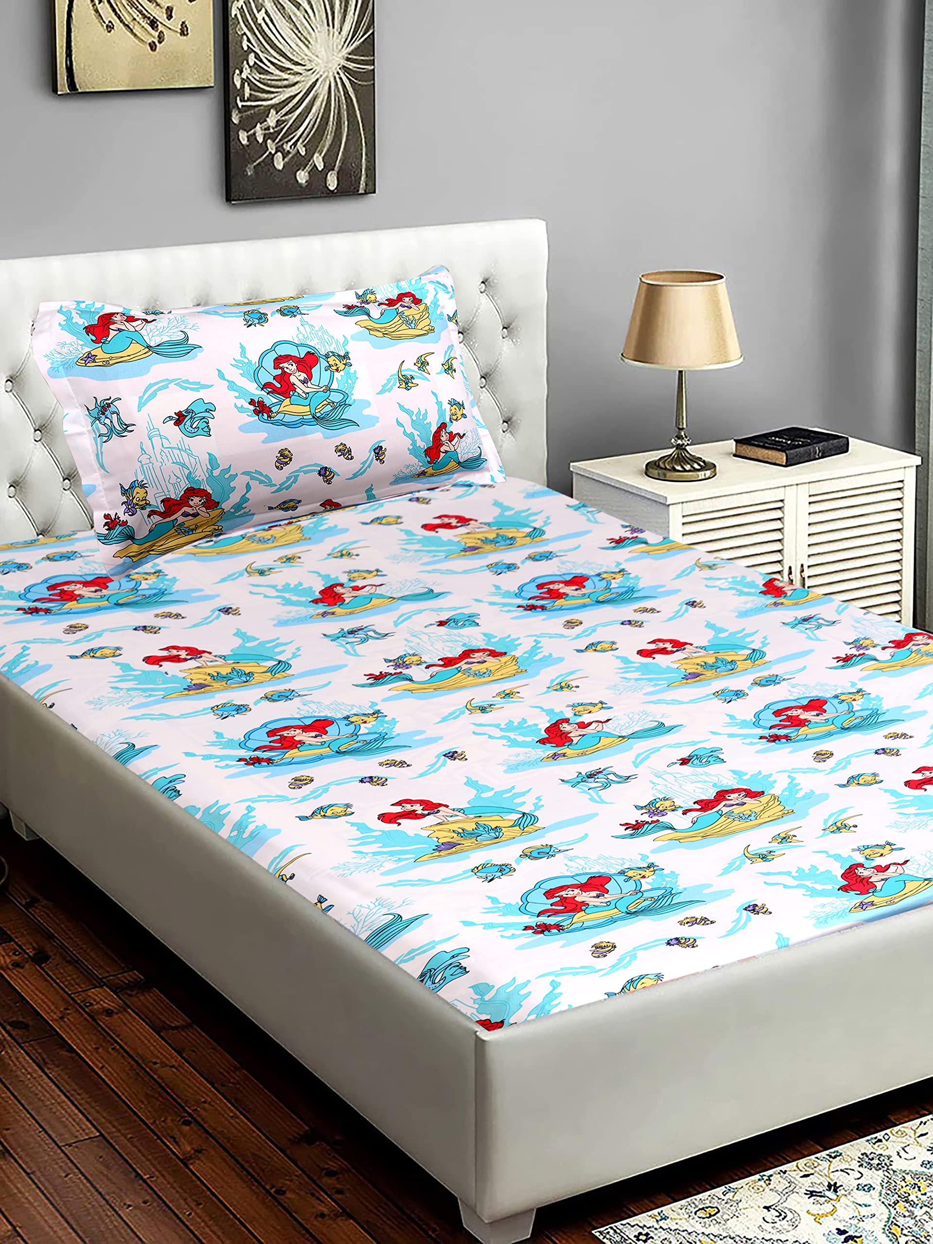 Slumber Happy Dreaming 300 TC Cotton Single Bed Designer Bedsheet for Kids with One Pillow Cover - Mermaid