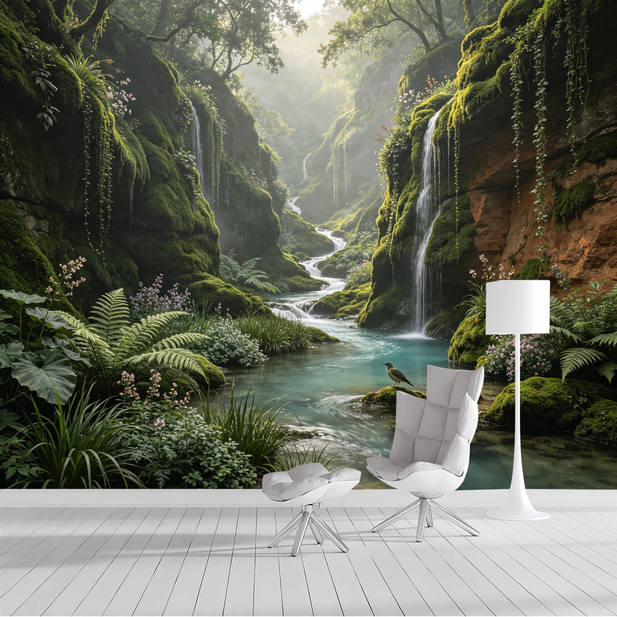 Custom Size Wall Mural Lush Forest Waterfall Serene River Mist Landscape Painting SelfAdhesive Wall Fabric Removable Peel and Stick Wallpaper Wall Decor for Living Room Bedroom Bathroom