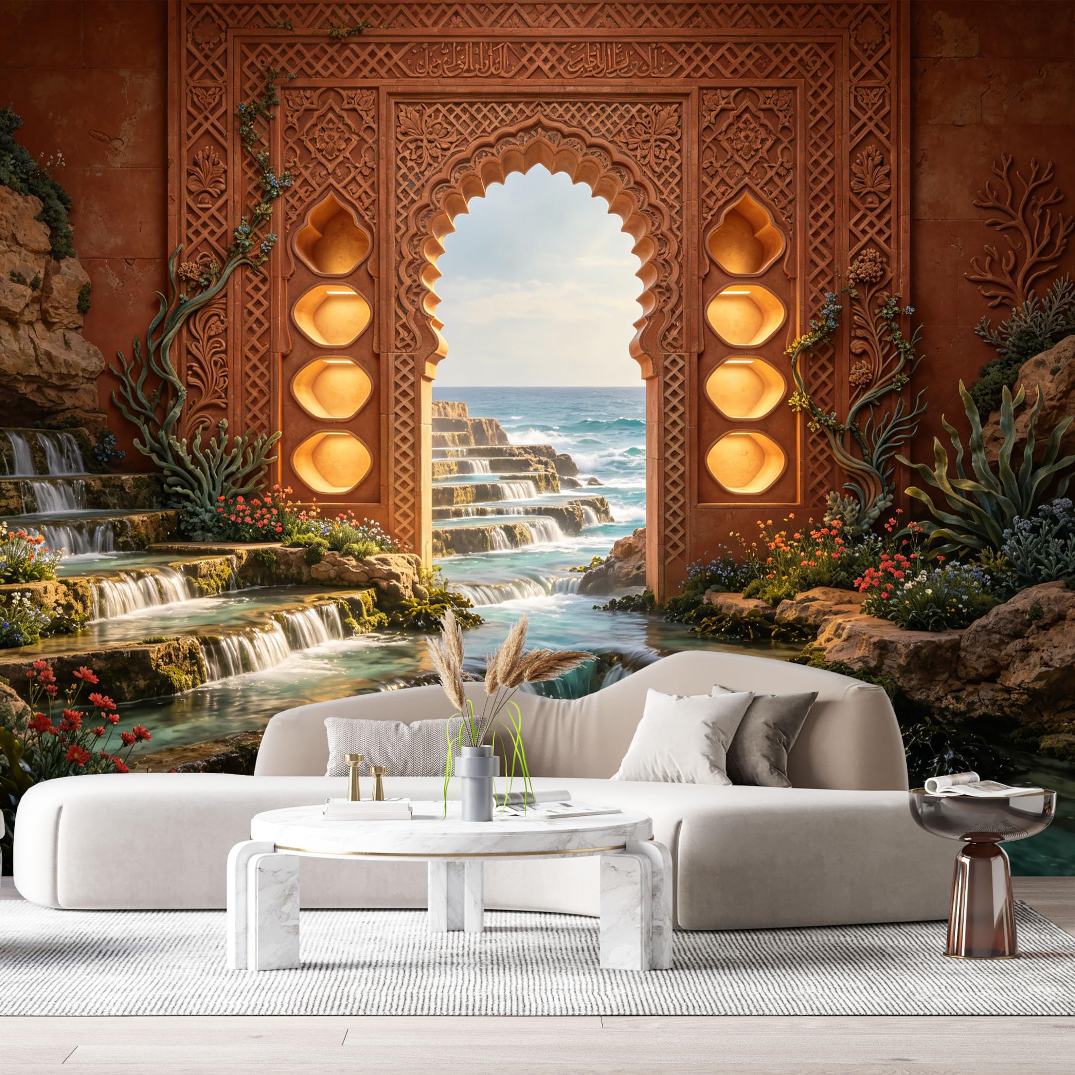 Custom Size Wall Murals Coastal Landscape Ocean Waterfalls 3D Trompe L'Oeil SelfAdhesiveWall Fabric Removable Wallpaper Wall Decor for Living Room Bedroom Bathroom