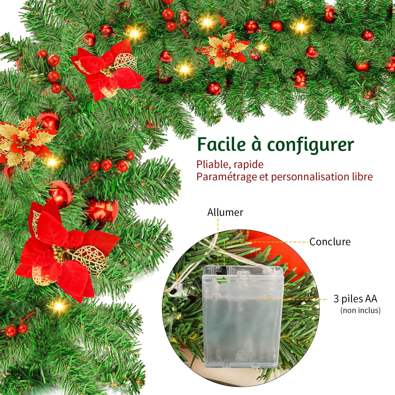 Guirlande Noël, 2,7 M Decoration Noël Guirlande Sapin Artificiel Avec Lumieres Led Fleurs Boules Baies Rouges Christmas Decorations Interieur Maison Porte Dentreechemineeescalierfenetrearche 89923768