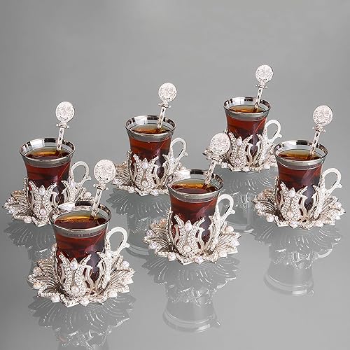 Miniatura 6 de LaModaHome Juego de té turcotazas de té turco de 6 con cucharas, platillos y soportes, elegante juego de té de vidrio vintage hecho a mano, taza de