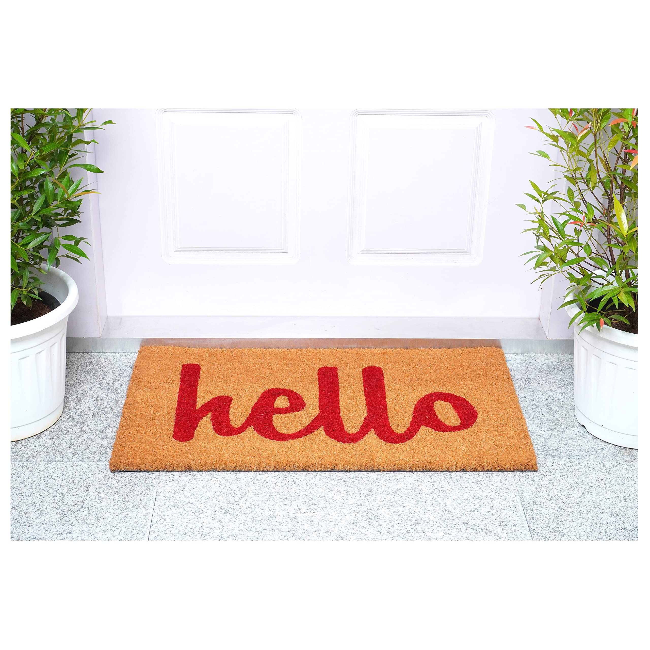 Hogar y más Rojo Hello Script al Aire Libre Felpudo