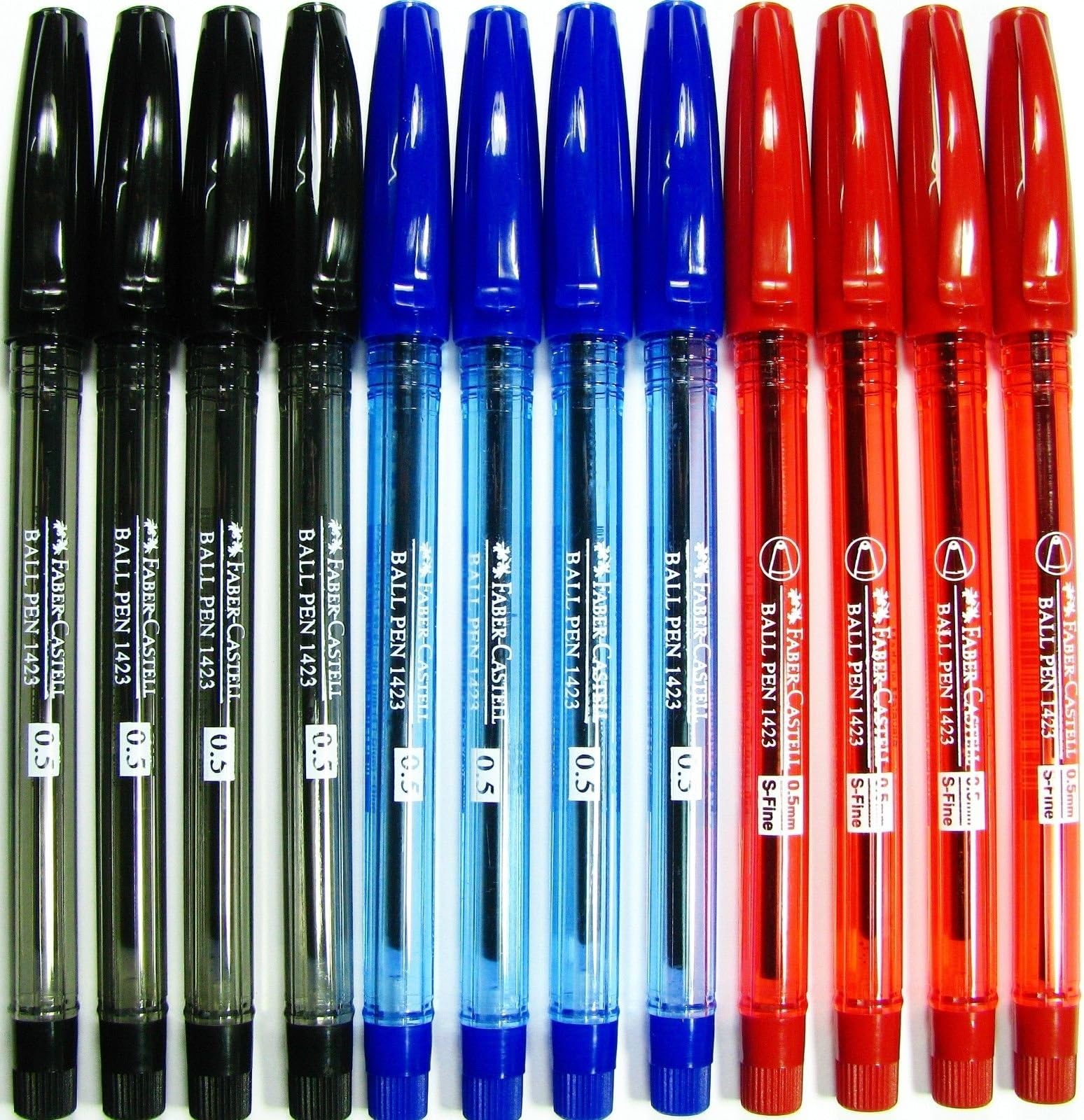 NEW FABER-CASTELL 12 PENS BLUE/BLACK/RED INK BARREL 1423 BALL POINT PEN 0.5