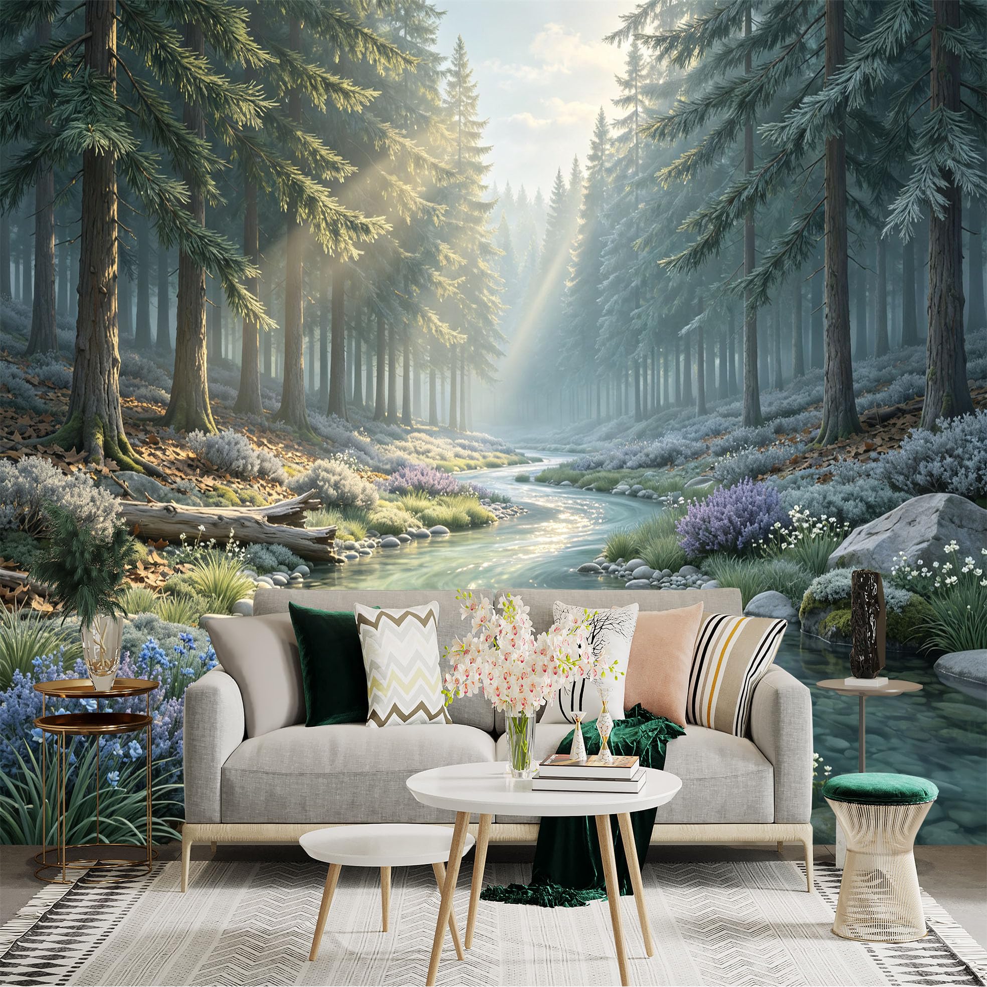 Lnzczhyre Bh260719650 Custom Size Wall Sticker Mural， Misty Morning Forest With Flowing River， Sunbeams And Wildflowers， For Wall Decoration， Peelandstick Wall Decals.