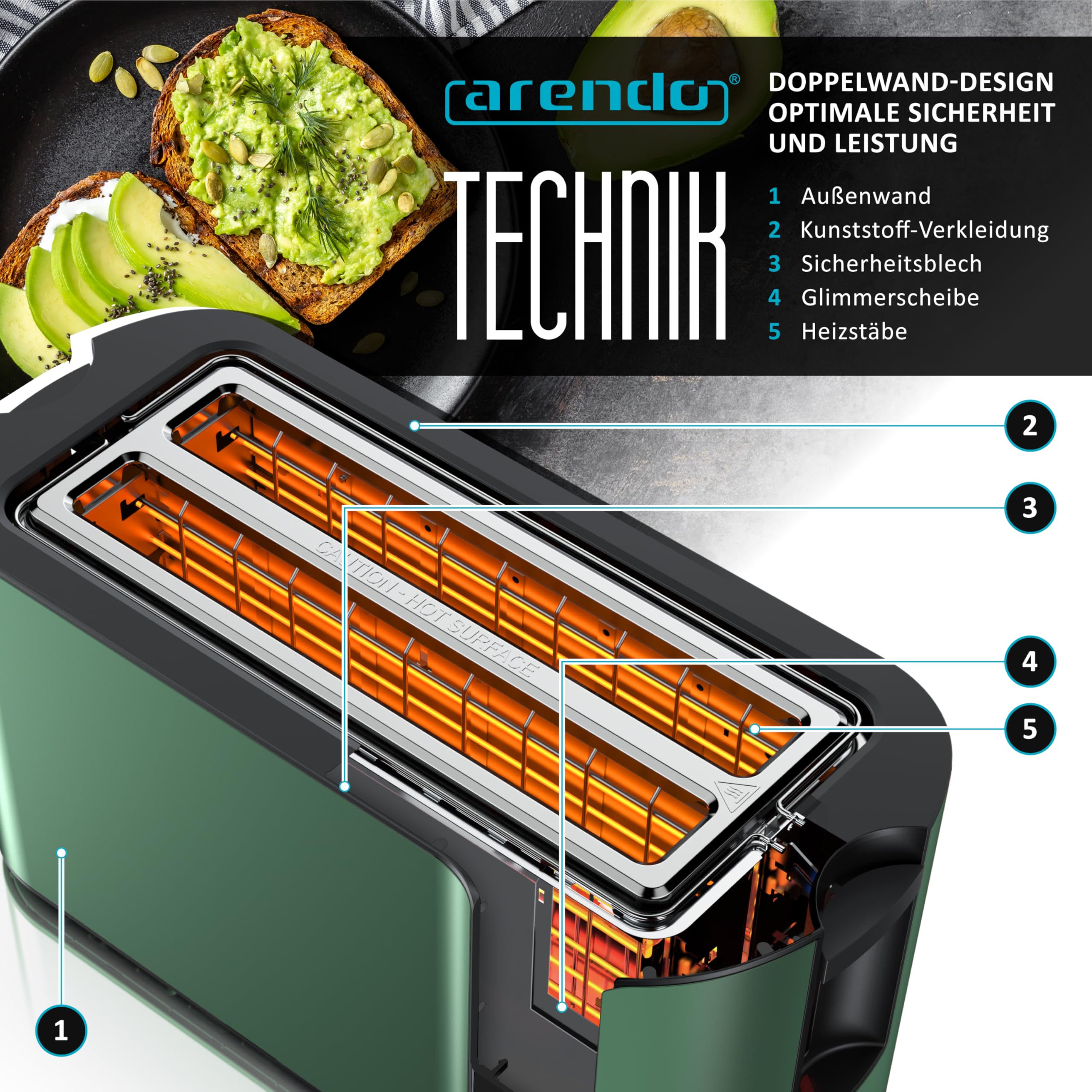 Arendo - Edelstahl Toaster Langschlitz 4 Scheiben- Touchscreen – Doppelwandgehäuse – 1500 W – Integrierter Brötchenaufsatz – 7 Bräunungsgrade – Brotzentrierung – Restzeitanzeige – Memoryfunktion