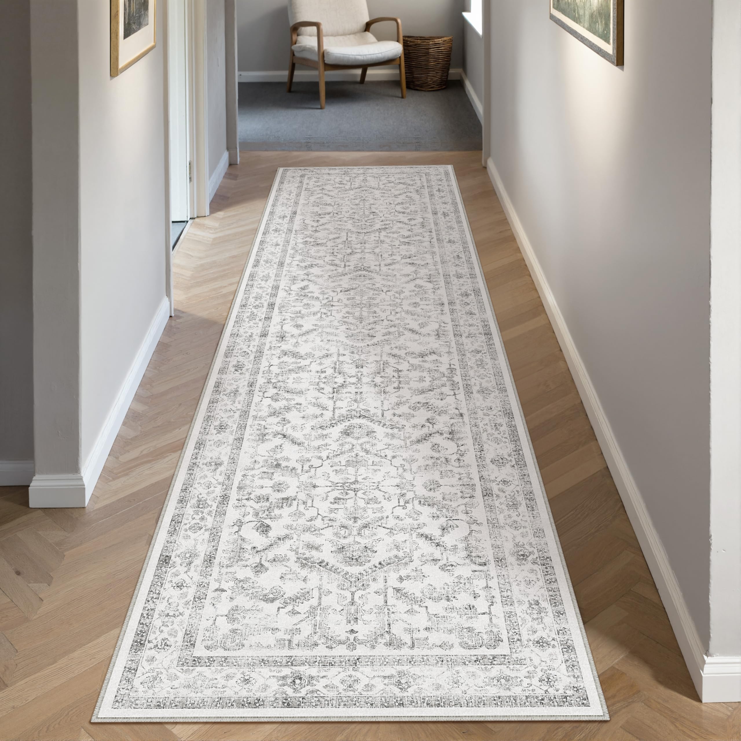 PureCozy Vintage Grauer Teppich Flur Läufer 60x240cm Teppichläufer Boho Waschbarer Carpet Weich rutschfest Lang Teppiche Küche Schlafzimmer Bettvorleger Büro Kurzflor Tepich