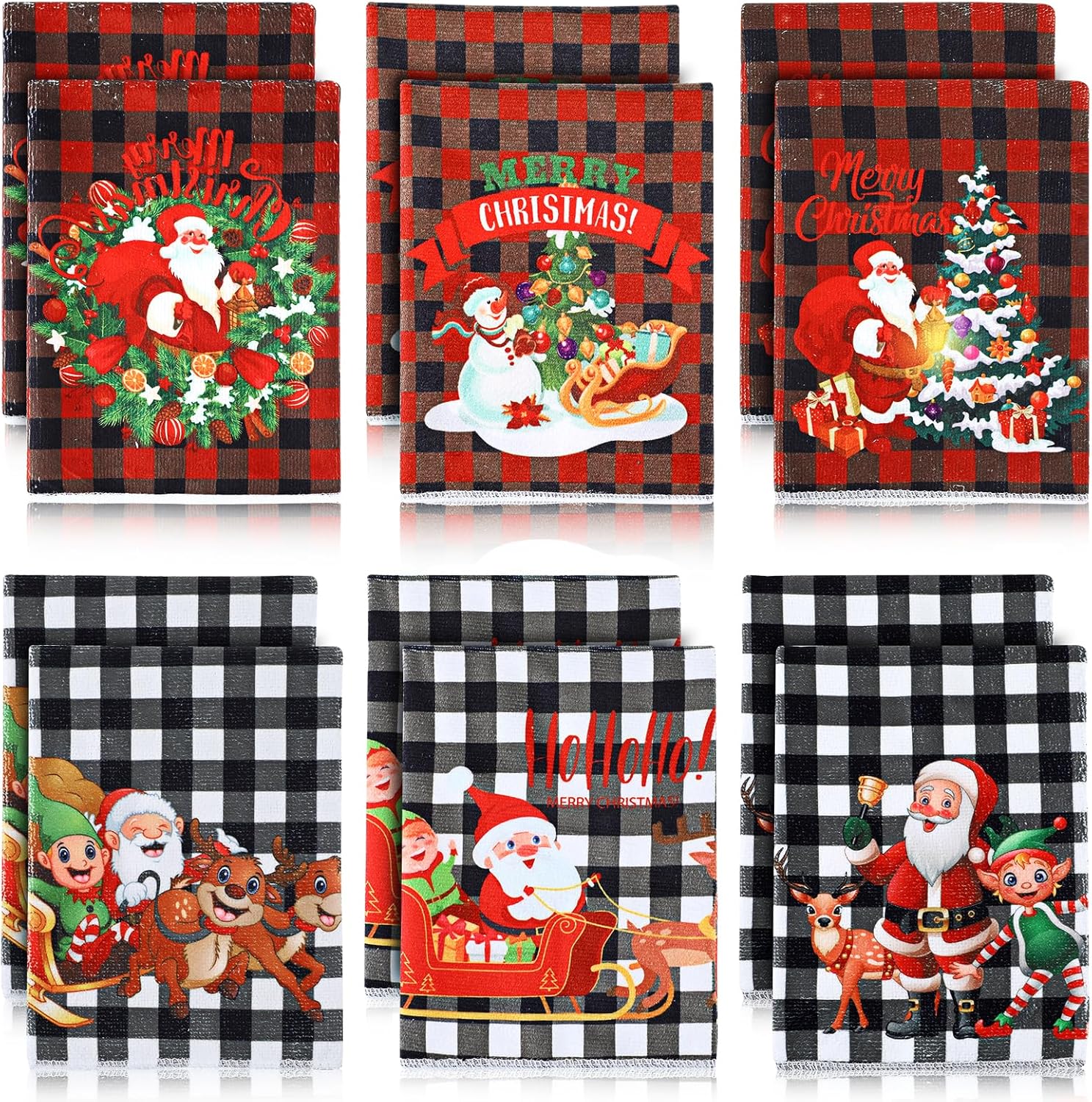 12 Pcs Christmas Hand Towels Christmas Santa Reindeer Snowman Tree Plaid Embroidered