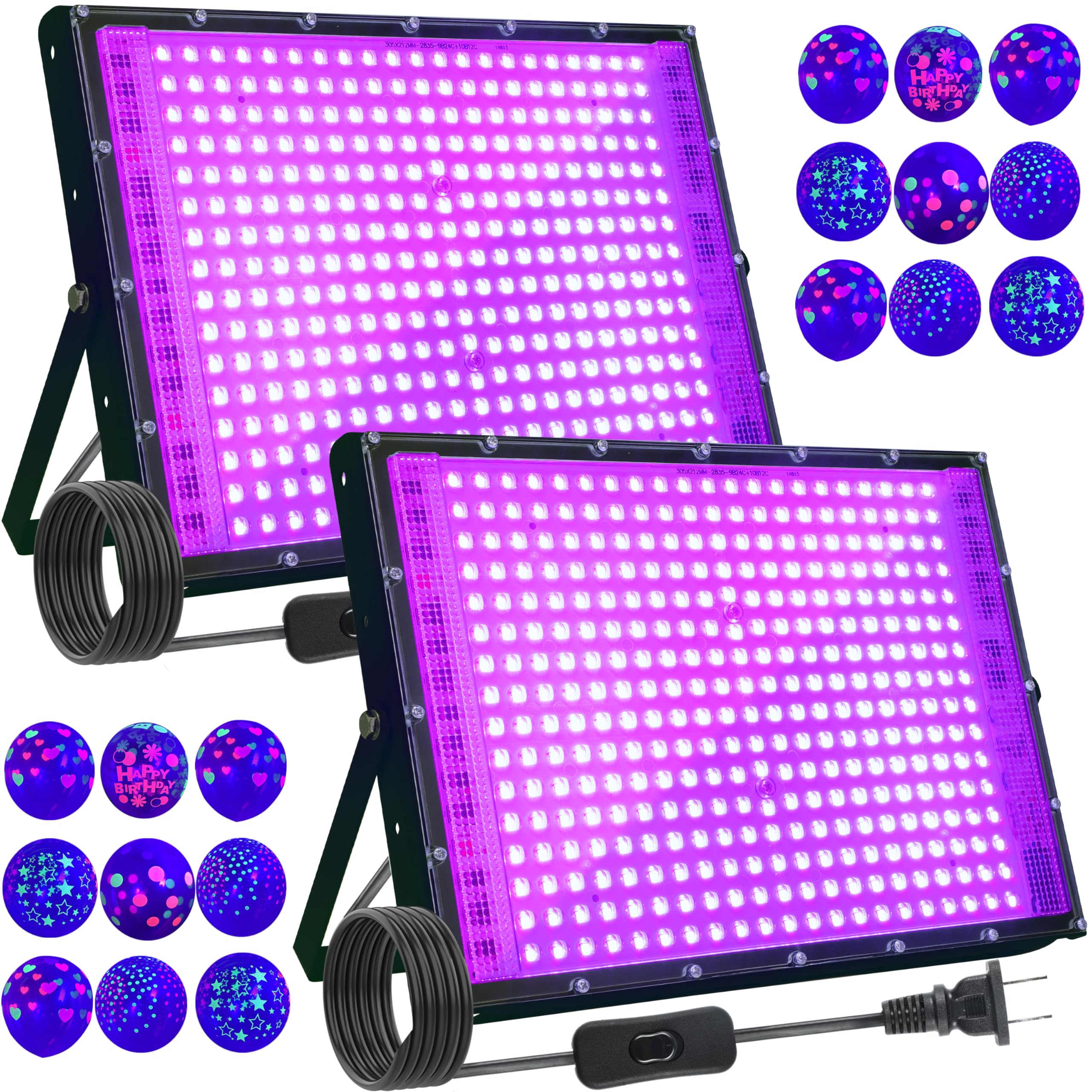 2 Pack 300W Blacklight 336 LEDs, UV Lamp Black Lights for Glow