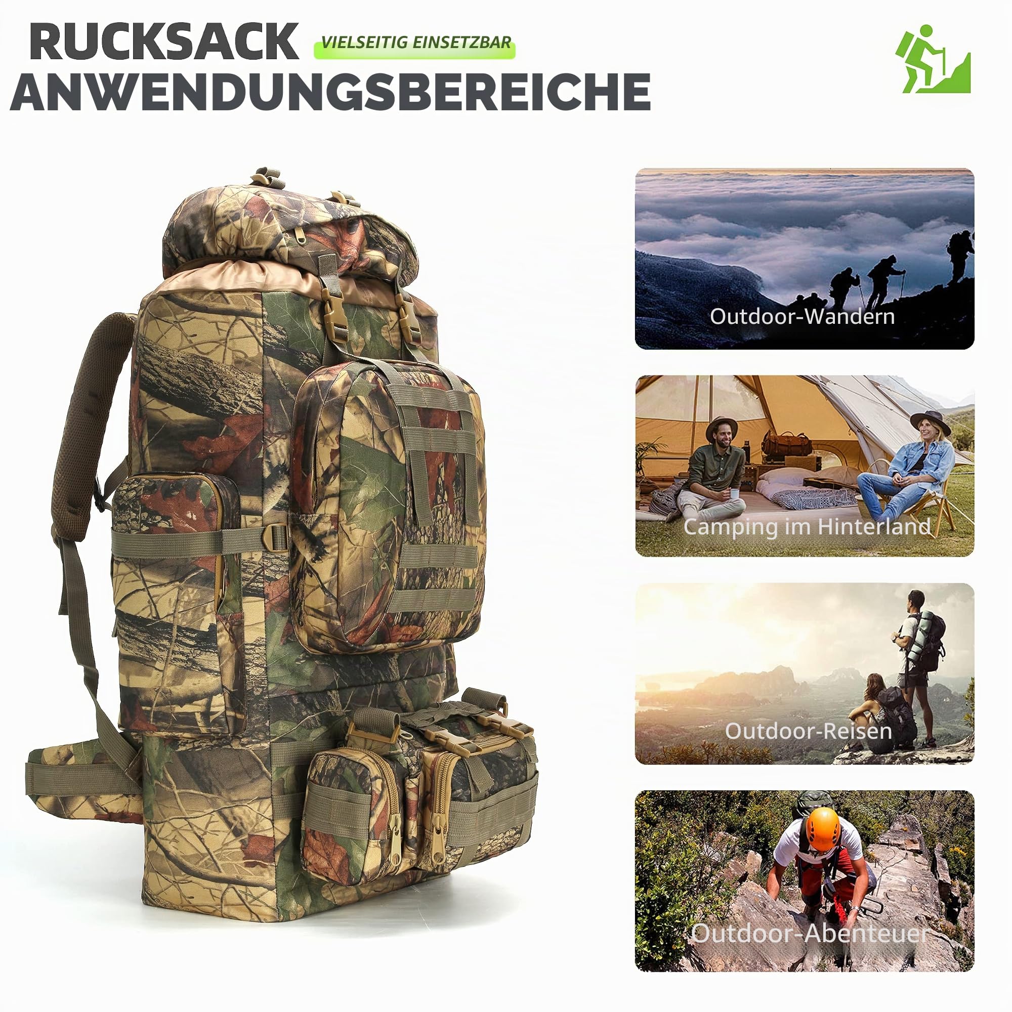 King'sGuard 100L Herren Camping Wandern Rucksack, Mapleaf, L, 100 Liter Camping und Wanderrucksack