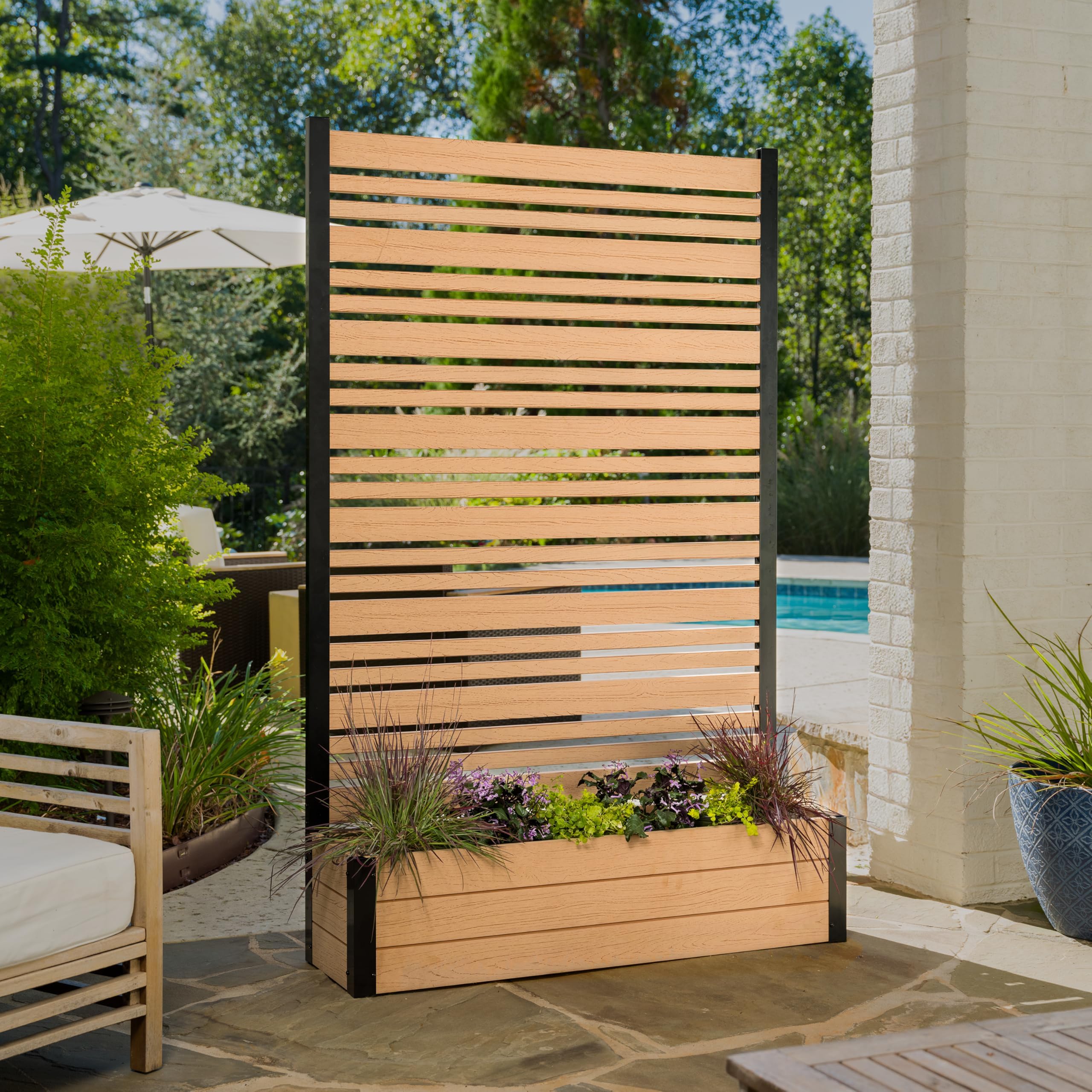 Enclo Privacy Screens 6ft H x 3.8ft W x 1ft L (1 w/Planter) Freestanding Florence Cedar Color Patio with Planter Box, Planters for Patio, Wall Outdoor, EC18024