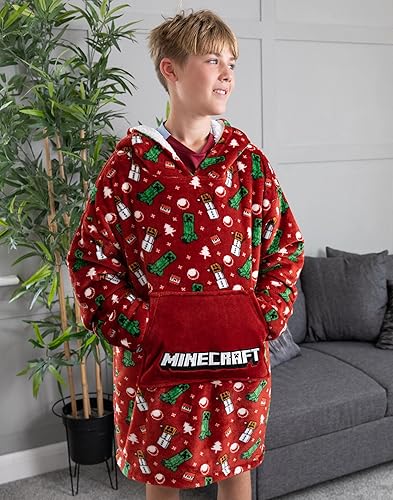 Miniatura 2 de Minecraft Manta de Navidad Vuddie de gran tamaño con capucha para niños y niñas, forro polar rojo, Rojo -