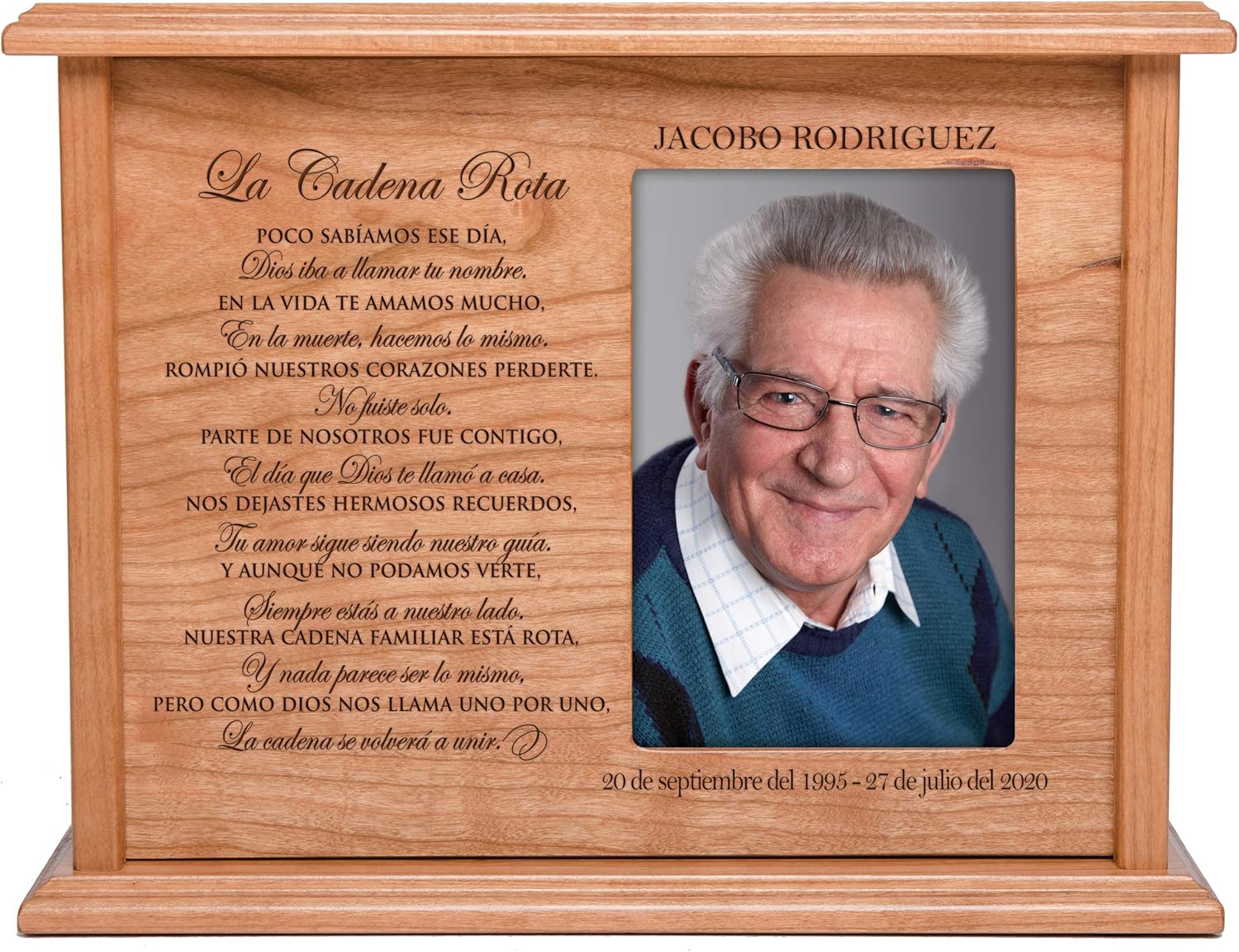 LifeSong Milestones Personalized Spanish Cremation Urn with Photo Medium Cherry Finish Wooden Adult Urns for Human Ashes with Spanish Verse - Broken Chain - 9(H)” x 12(W)” x 4.5(L)” (Cherry)
