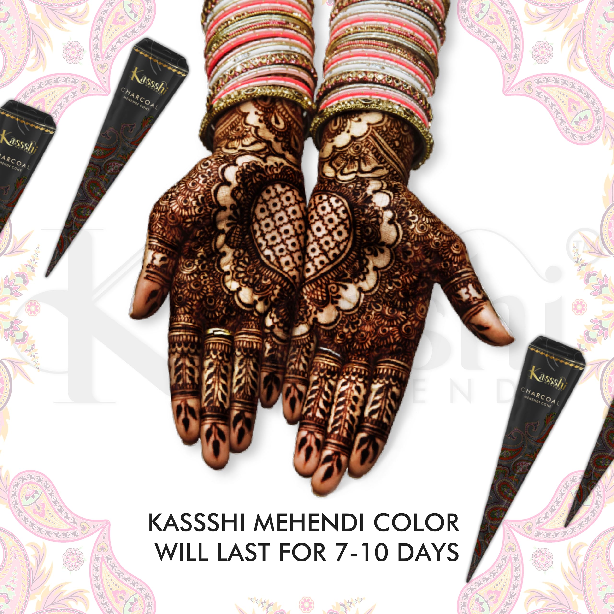 Kassshi Premium Mehendi Cones β Pack of 4 Variants | Quick Peel Formula for Dark Colour | Smooth Flow | Skin Safe | Long Lasting 3