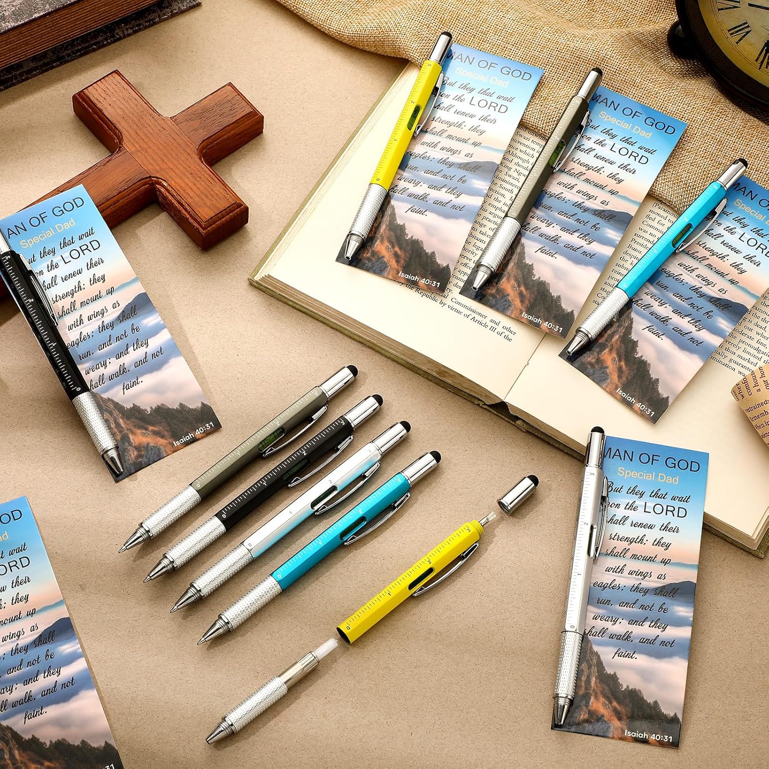 Sayglossy 120 Set Fathers Day Church Gifts Bulk Man of God 6 in 1 Multi Tool Pen with Religious Bible Verse Bookmarks Church Pastor Multi Tool Gadget Stuffers Husband Bible Study Supplies