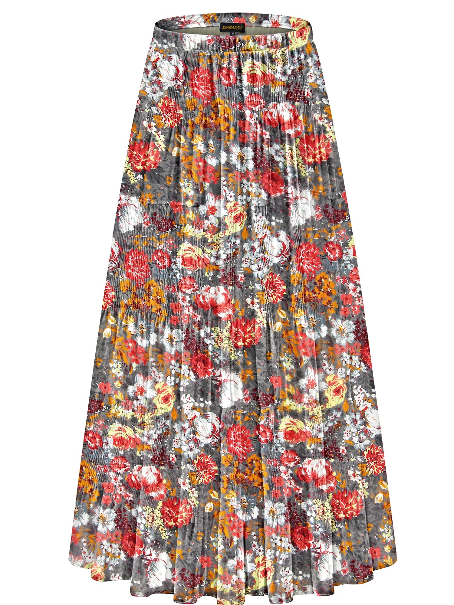 NASHALYLY Women's Chiffon Elastic High Waist Pleated A-Line Maxi Skirts