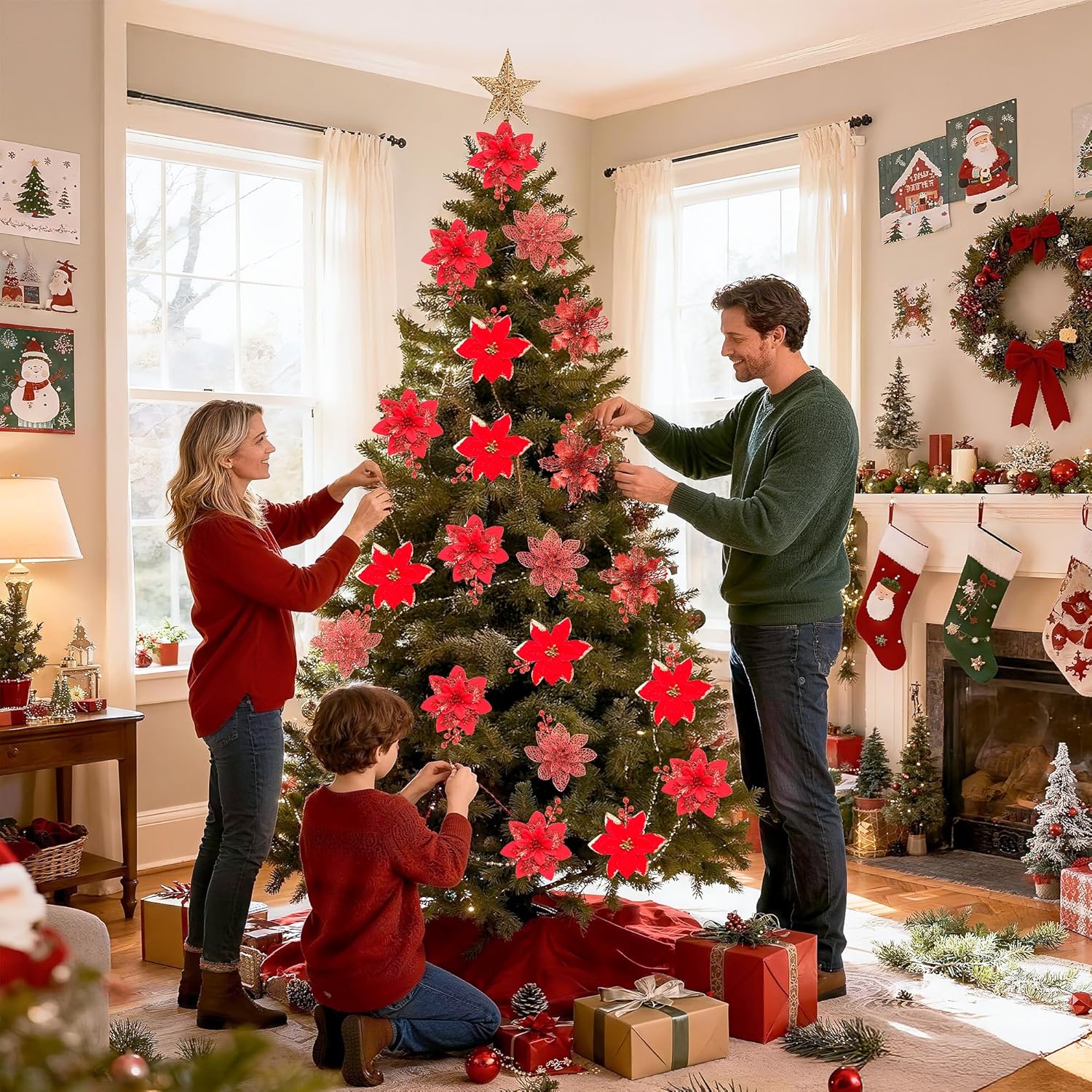 36 Pcs Poinsettia Flowers Artificial with Clips and Berry Stems Christmas Flowers Glitter Ornaments for Christmas Tree Wreath Fireplace Stairs Decorations (Red)