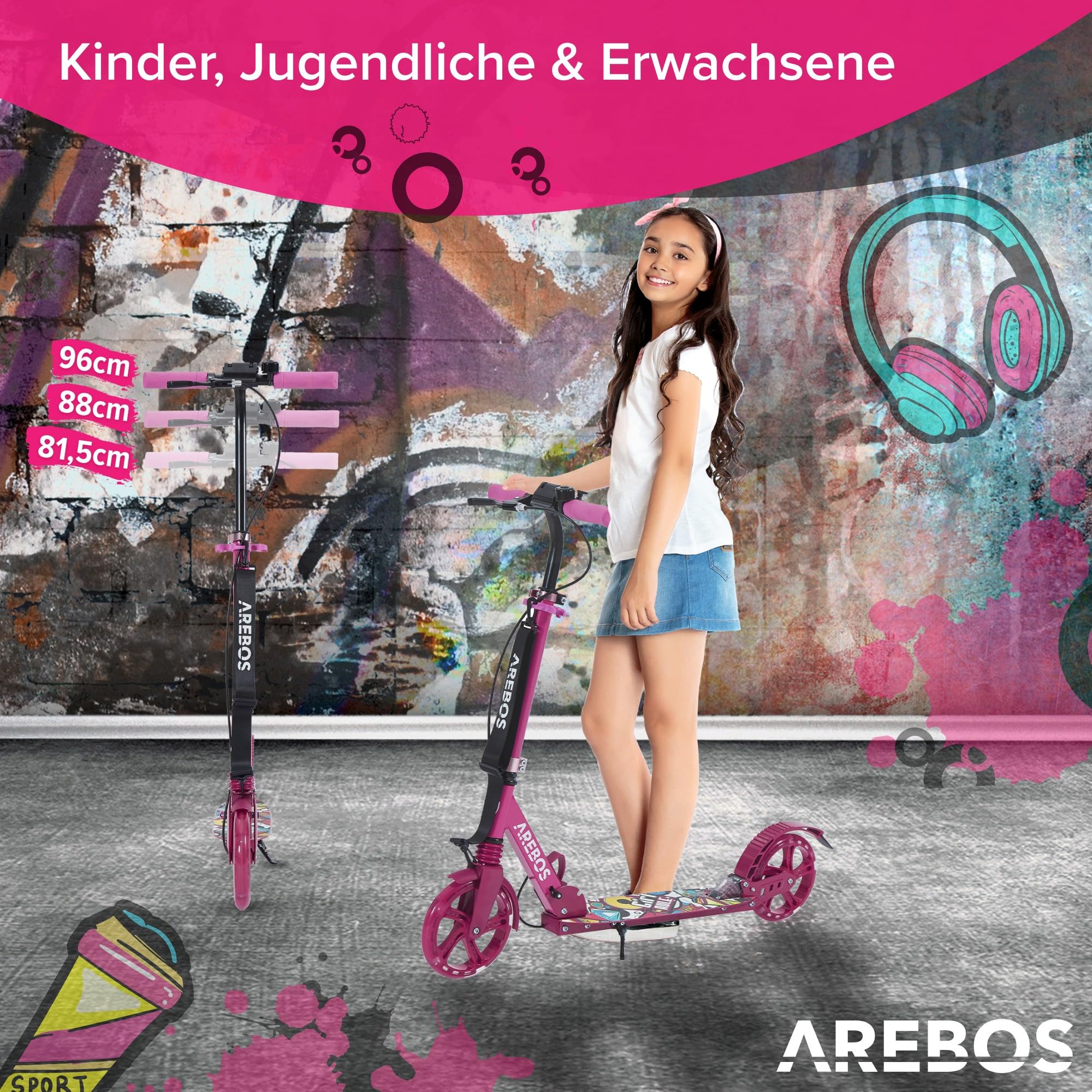 Arebos Cityroller Tretroller mit LED | höhenverstellbar | klappbar | inkl. Tragegurt | Hand- & Trittbremse | für Kinder und Erwachsene | bis 100kg belastbar Roller | Kickroller | Kickscooter