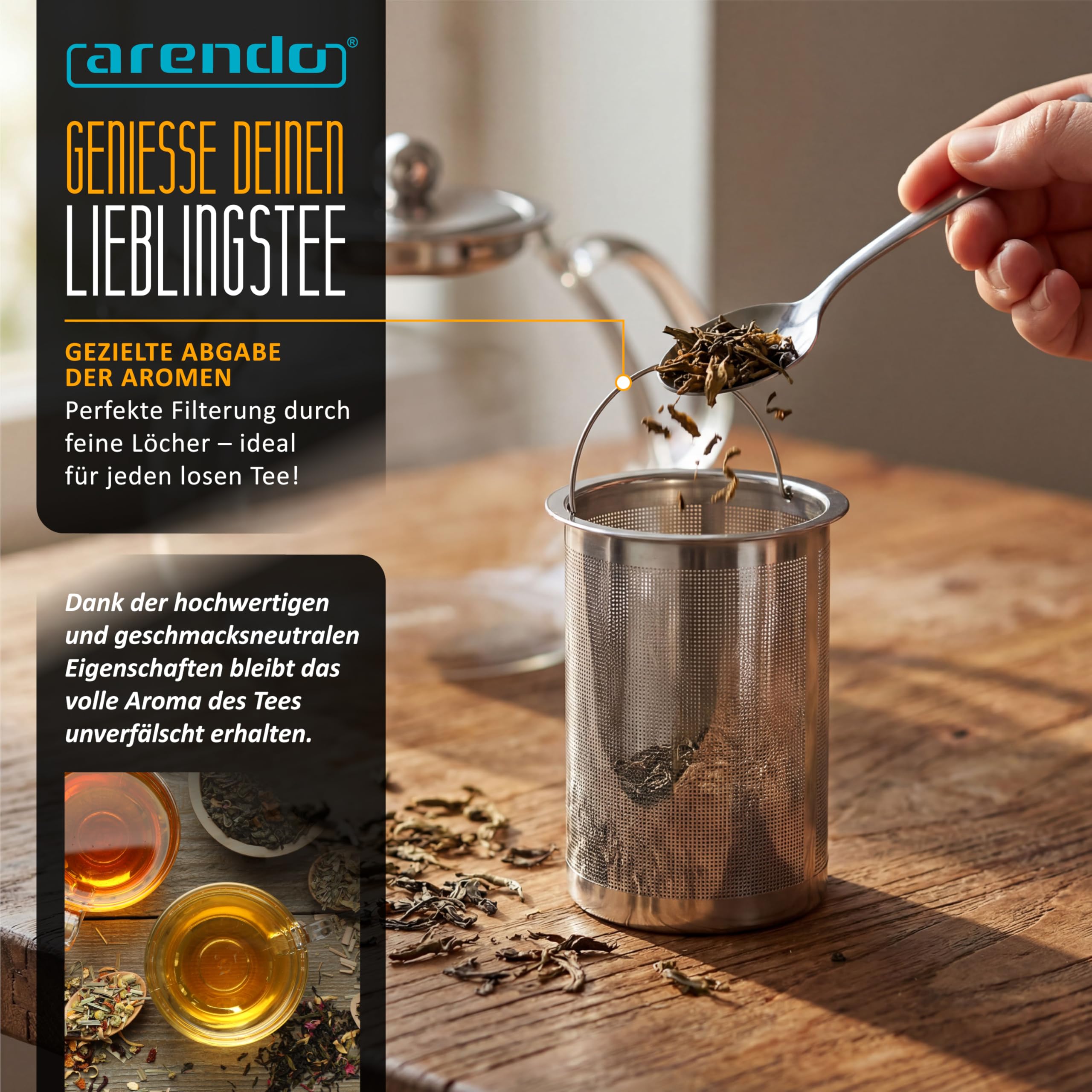 Arendo - Teekanne Glas mit Sieb - 1500 ml – aus Borosilikatglas – mit Edelstahlsieb – feinmaschig – hitzebeständig – Glasteekanne – für losen Tee Kräutertee Früchtetee – Teekocher – langlebig – feinma