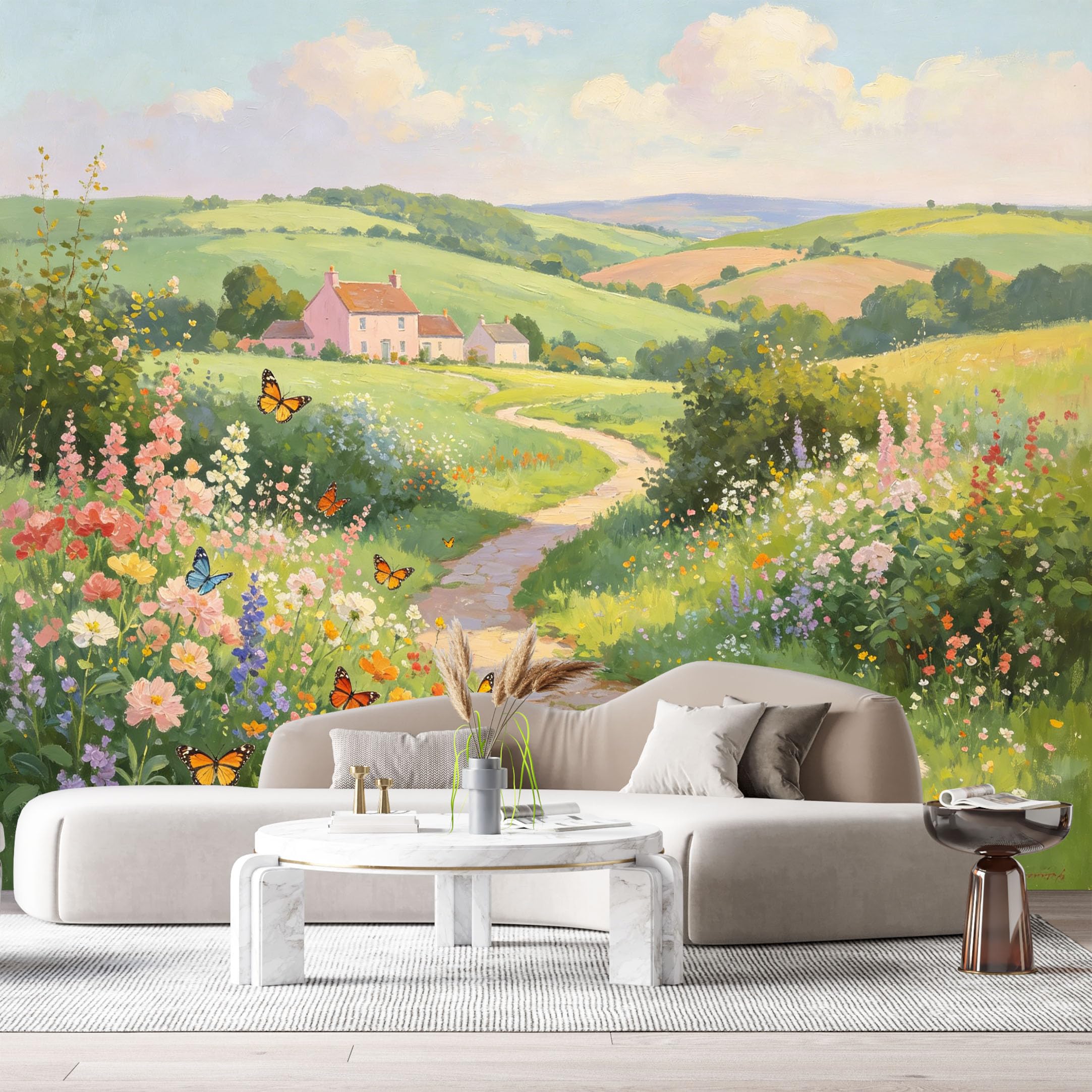 Custom Size Wall Murals Farmhouse Countryside Meadow Butterflies Badger Oil Painting SelfAdhesive Wall Fabric Removable Large Wallpaper for Photo Living Room